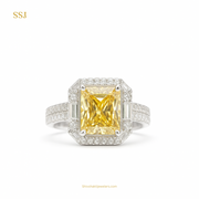925 Sterling Silver Ring with Yellow Princess-Cut Zircon and White Zircon Halo – Luxury Cocktail Design