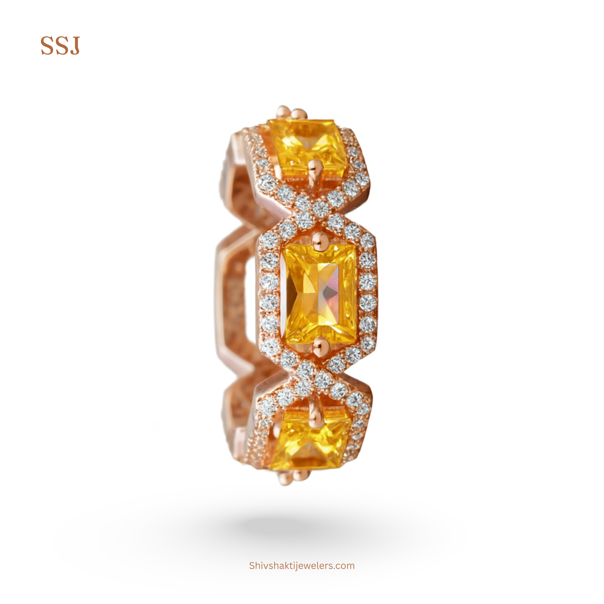 925 Silver Yellow Emerald-Cut Eternity Ring in Rose Gold Finish