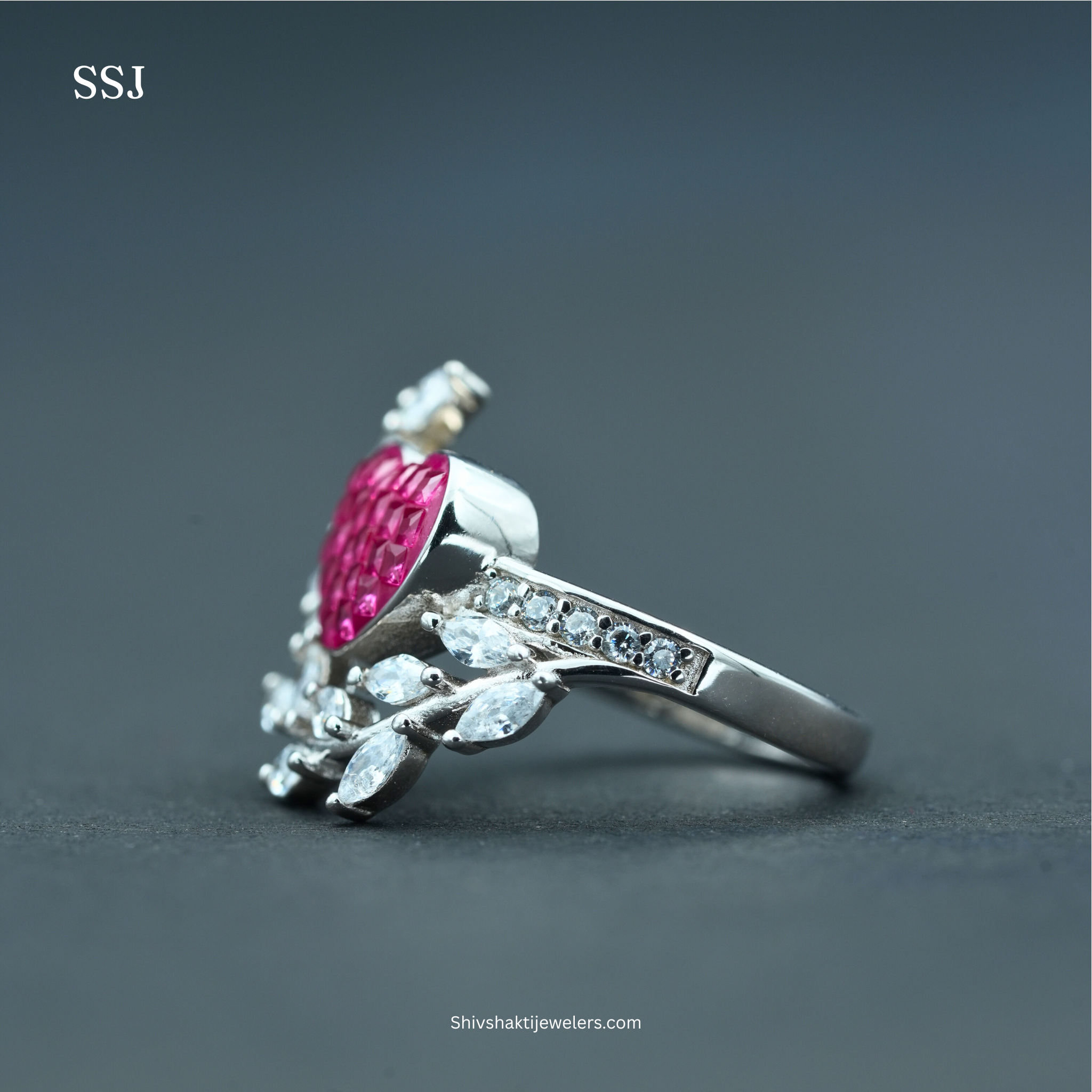 Heart-Shaped Ruby Red & Marquise Stone Silver Ring