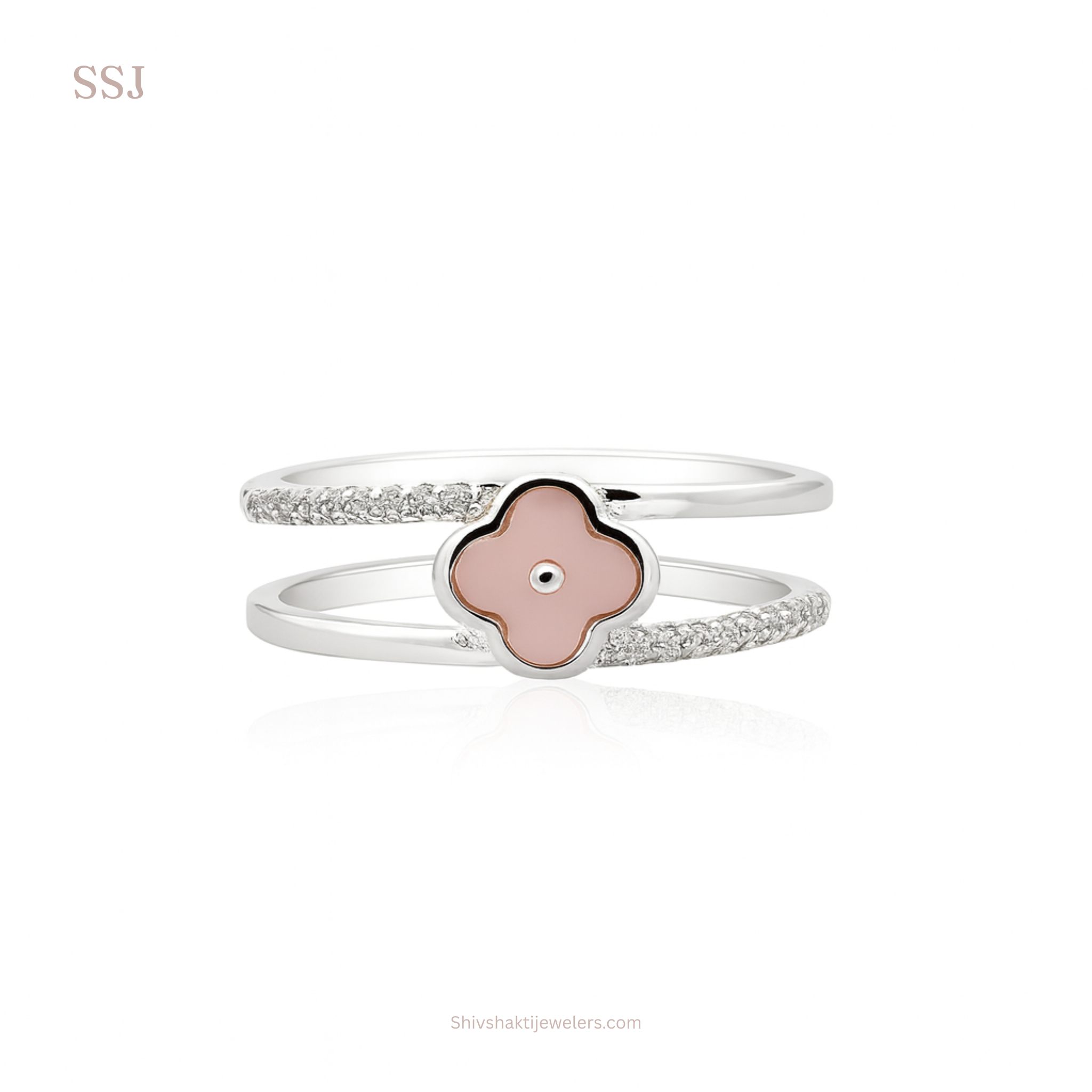 Pink Enamel Floral Ring in 925 Silver with CZ Accents