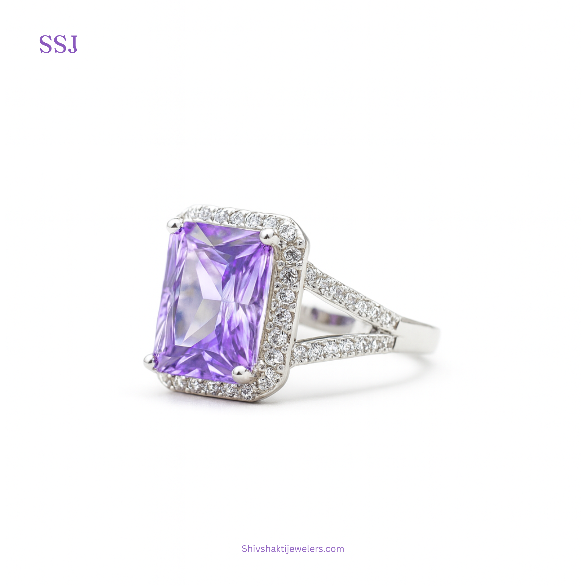 925 Silver Violet Amethyst Style Statement Ring with Diamond Accents