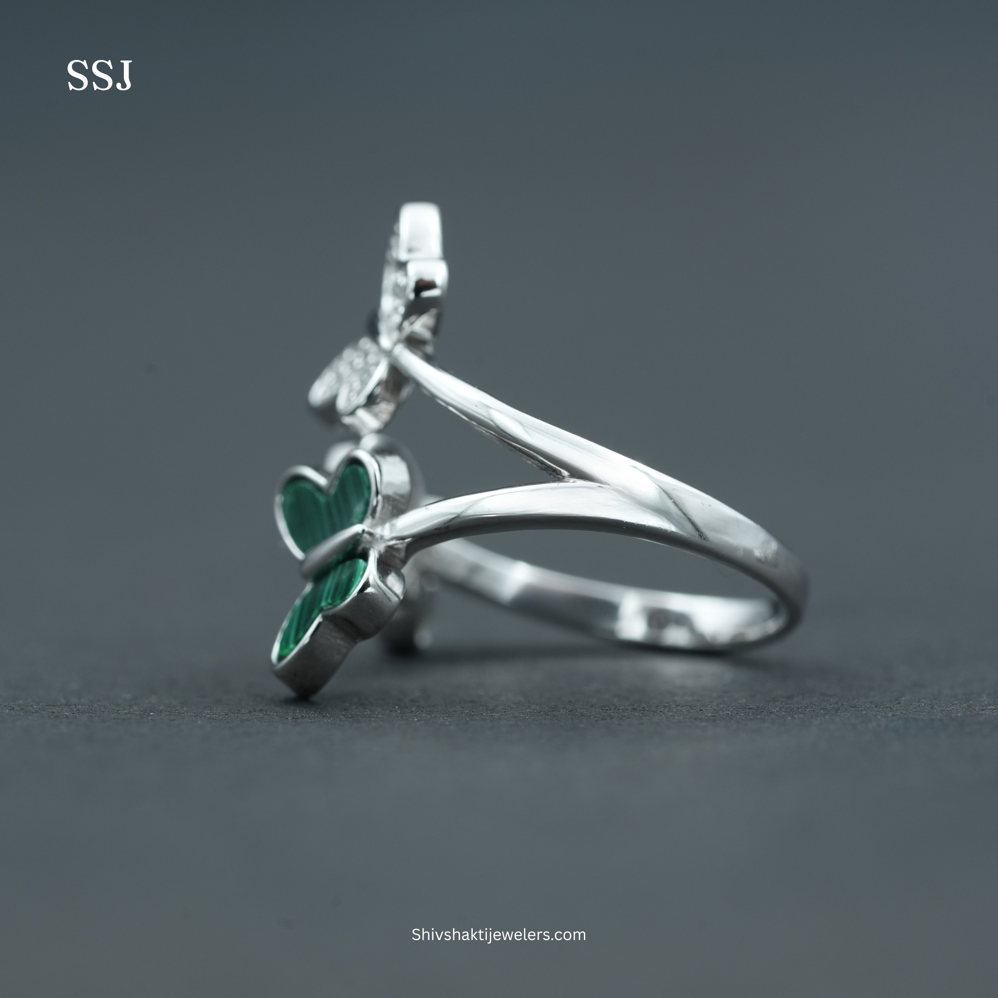 Elegant Triple Butterfly Malachite & CZ Silver Ring