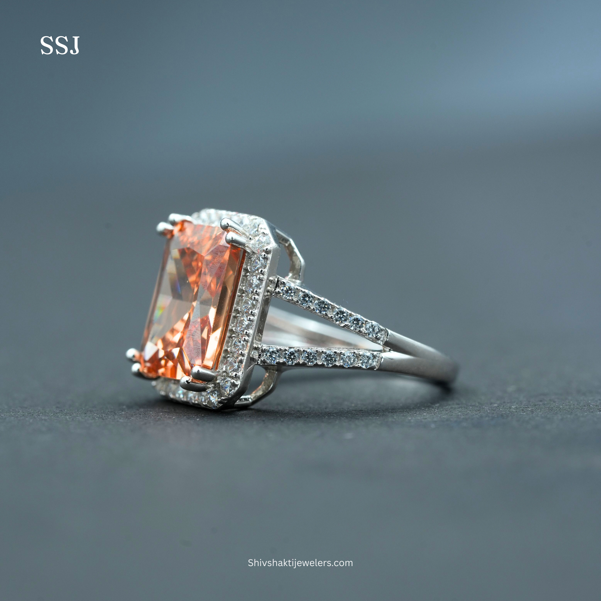 925 Silver Radiant-Cut Peach Zircon Halo Ring