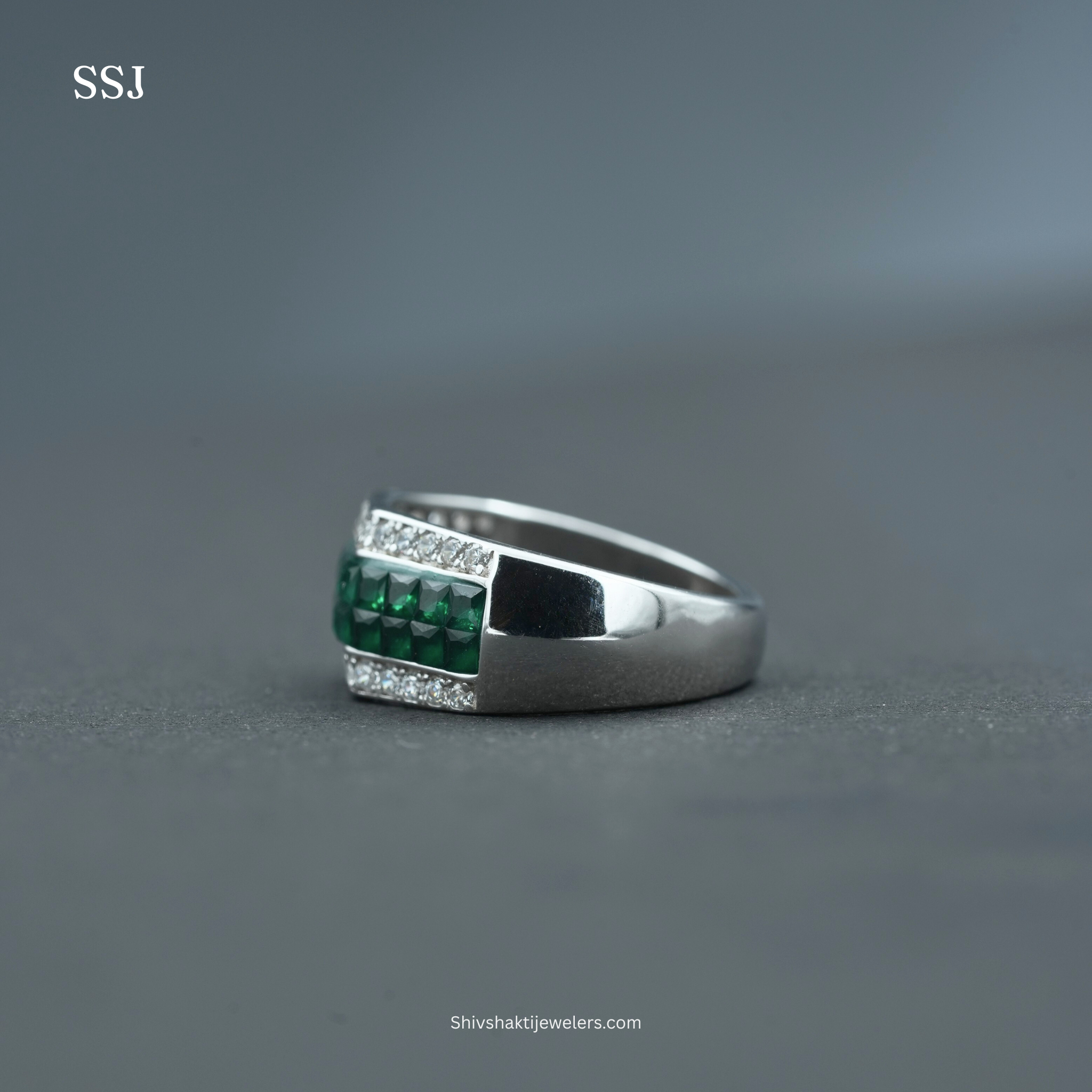 925 Silver Emerald Baguette & Zircon Band Ring