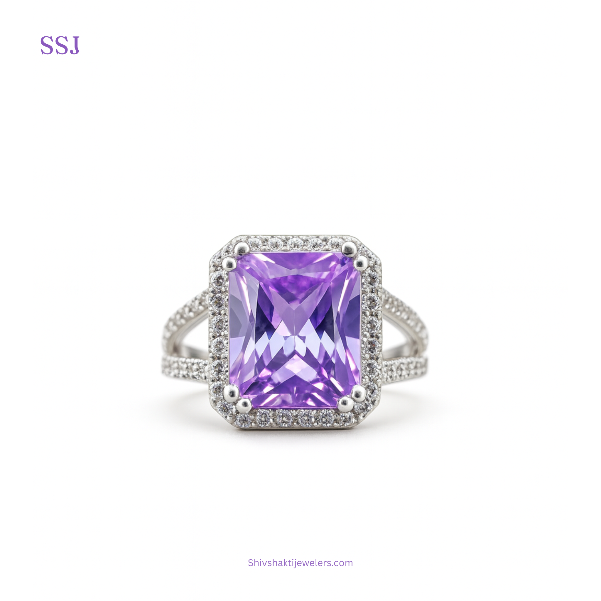 925 Silver Violet Amethyst Style Statement Ring with Diamond Accents