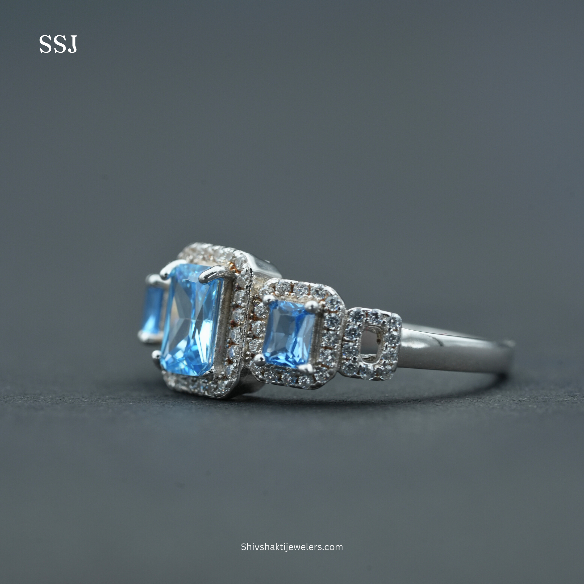 925 Silver Triple Halo Blue Princess Cut Ring