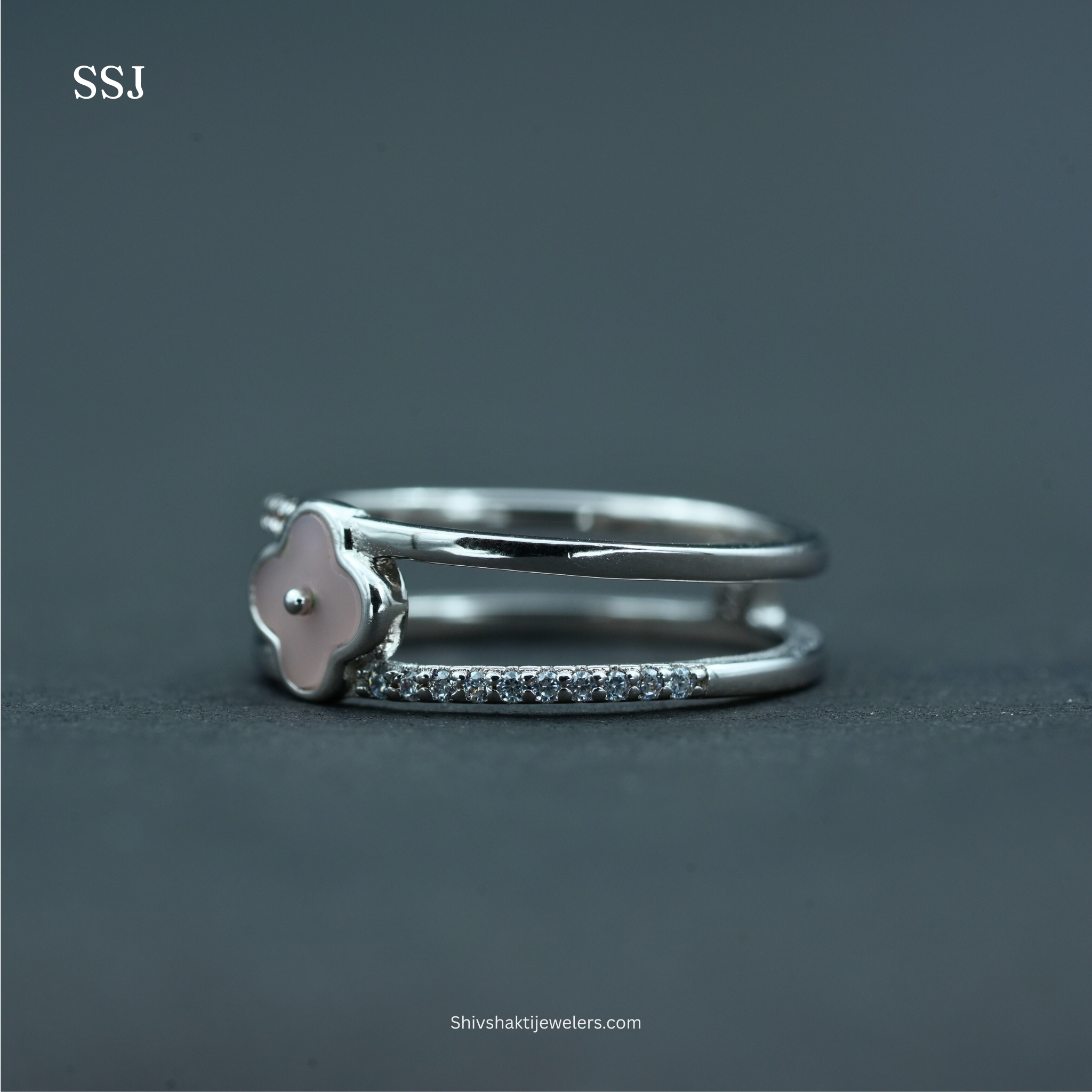 Pink Enamel Floral Ring in 925 Silver with CZ Accents