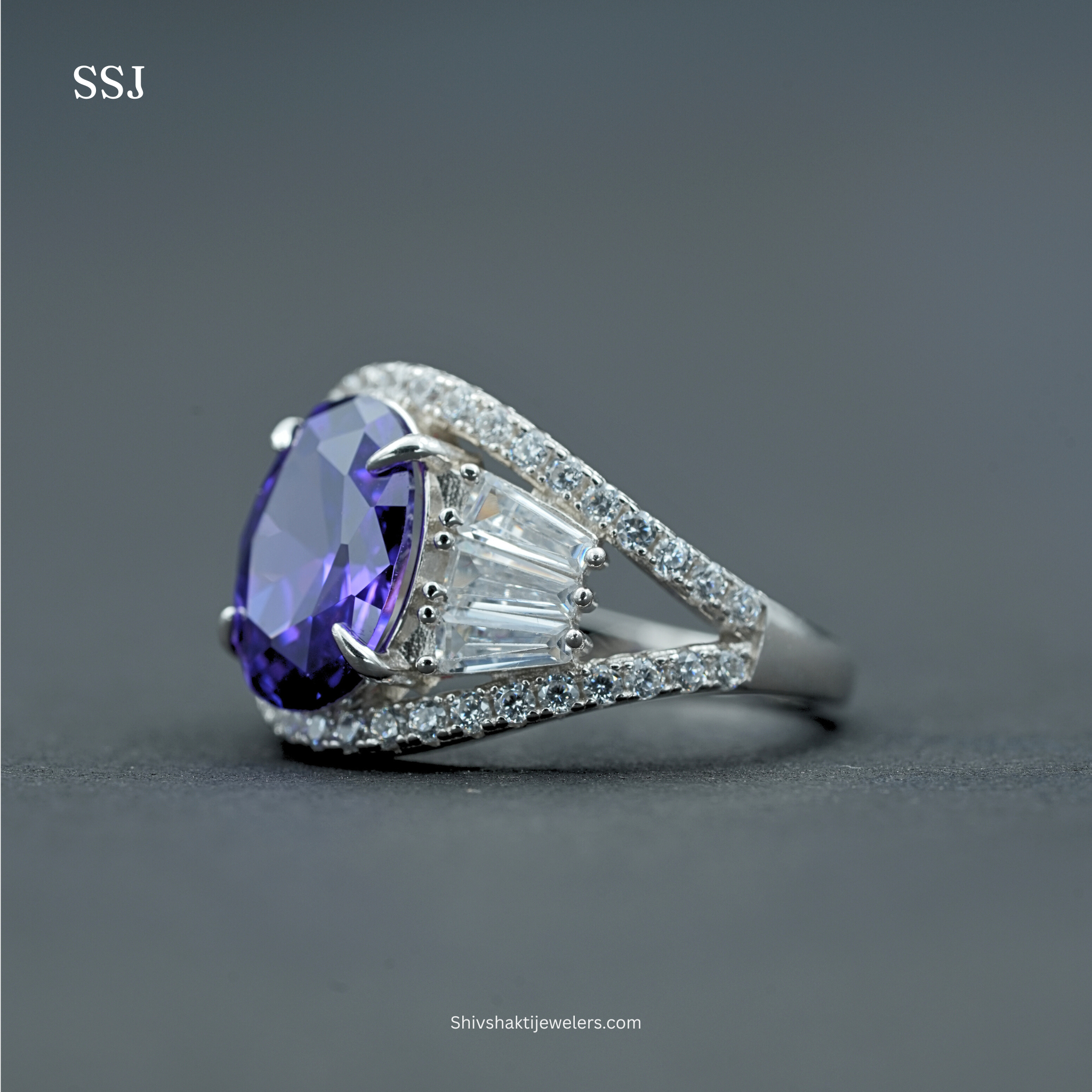 925 Silver Oval Purple Stone Cocktail Ring with CZ Accents