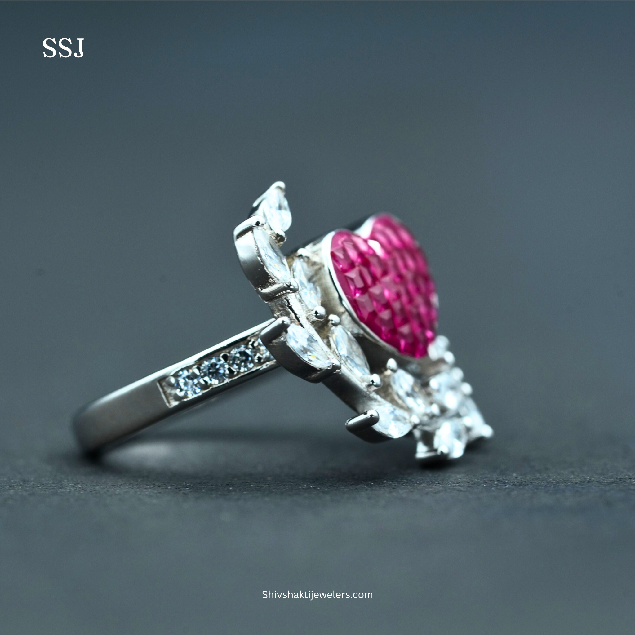Heart-Shaped Ruby Red & Marquise Stone Silver Ring
