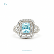 925 Silver Cushion-Cut Sky Blue Halo Ring