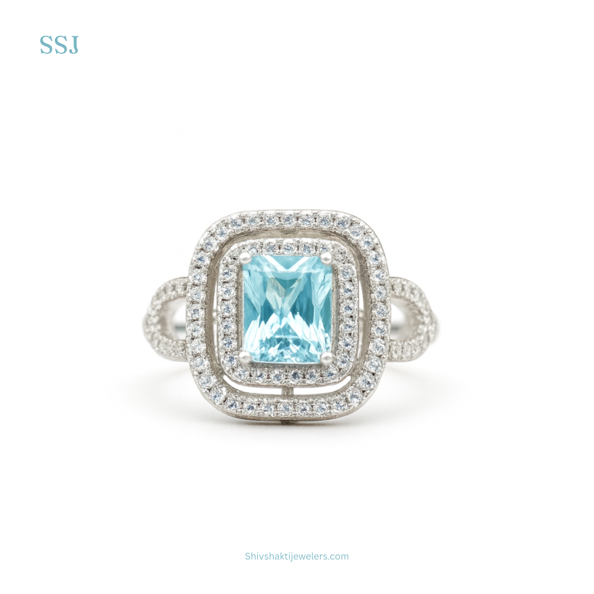 925 Silver Cushion-Cut Sky Blue Halo Ring