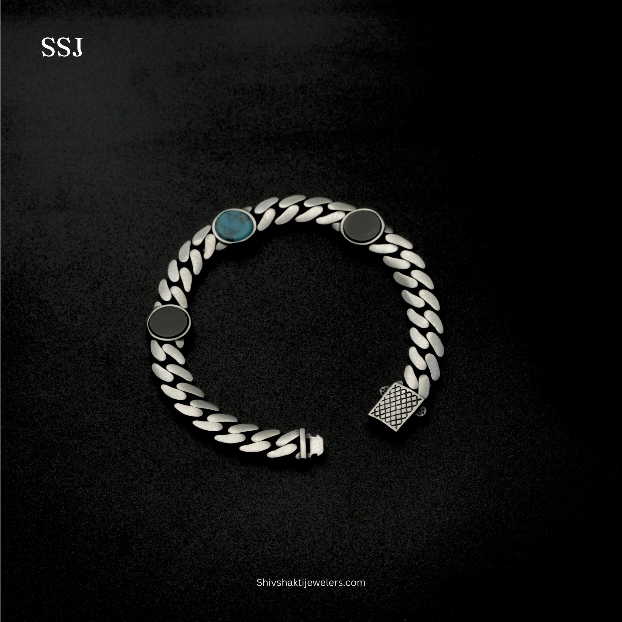 925 Silver Men’s Bracelet with Black Onyx & Turquoise Stones – Stylish Sterling Silver Jewellery