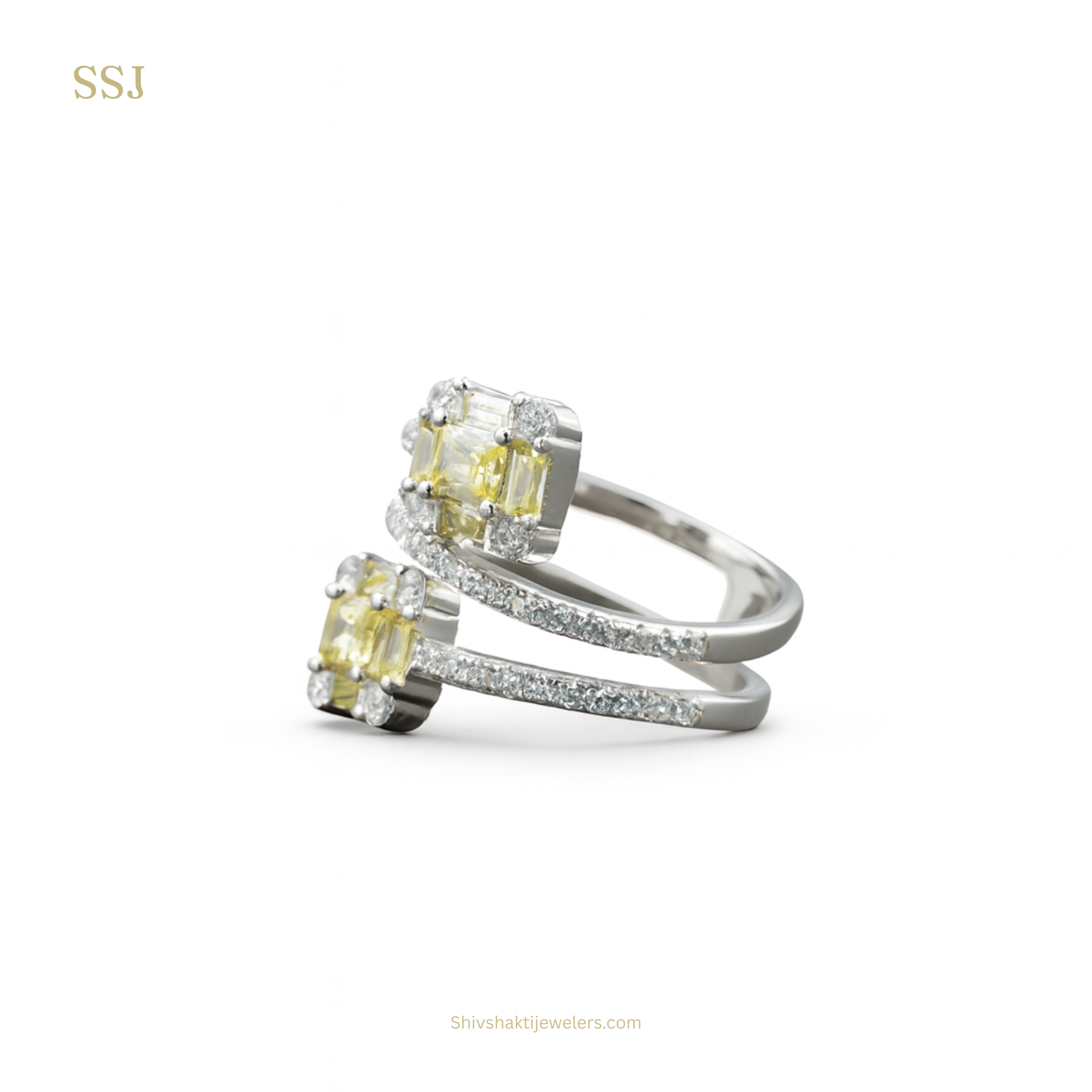 Yellow Twin Emerald Stone Spiral Ring in 925 Silver