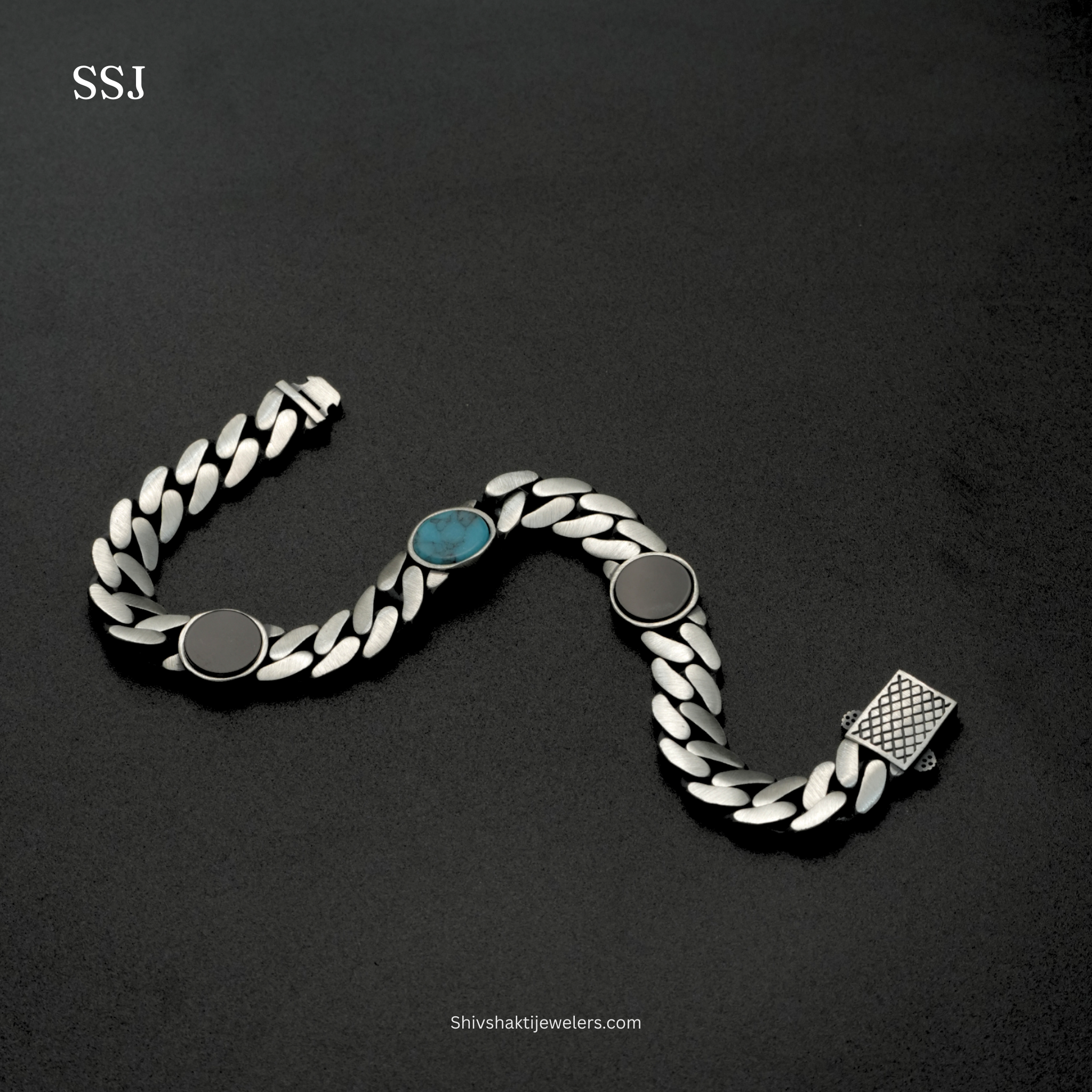 925 Silver Men’s Bracelet with Black Onyx & Turquoise Stones – Stylish Sterling Silver Jewellery