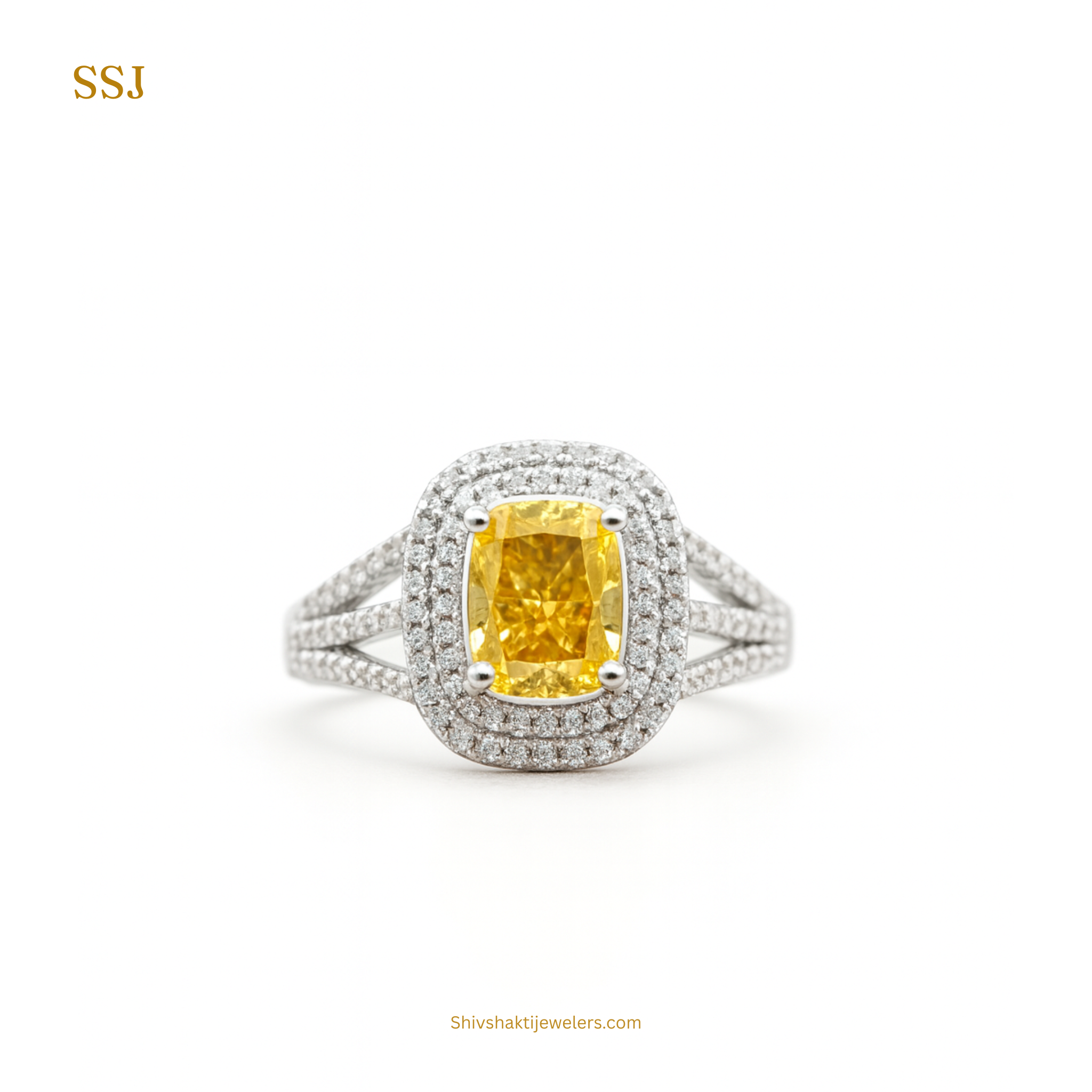 925 Silver Cushion-Cut Yellow Zircon Halo Ring