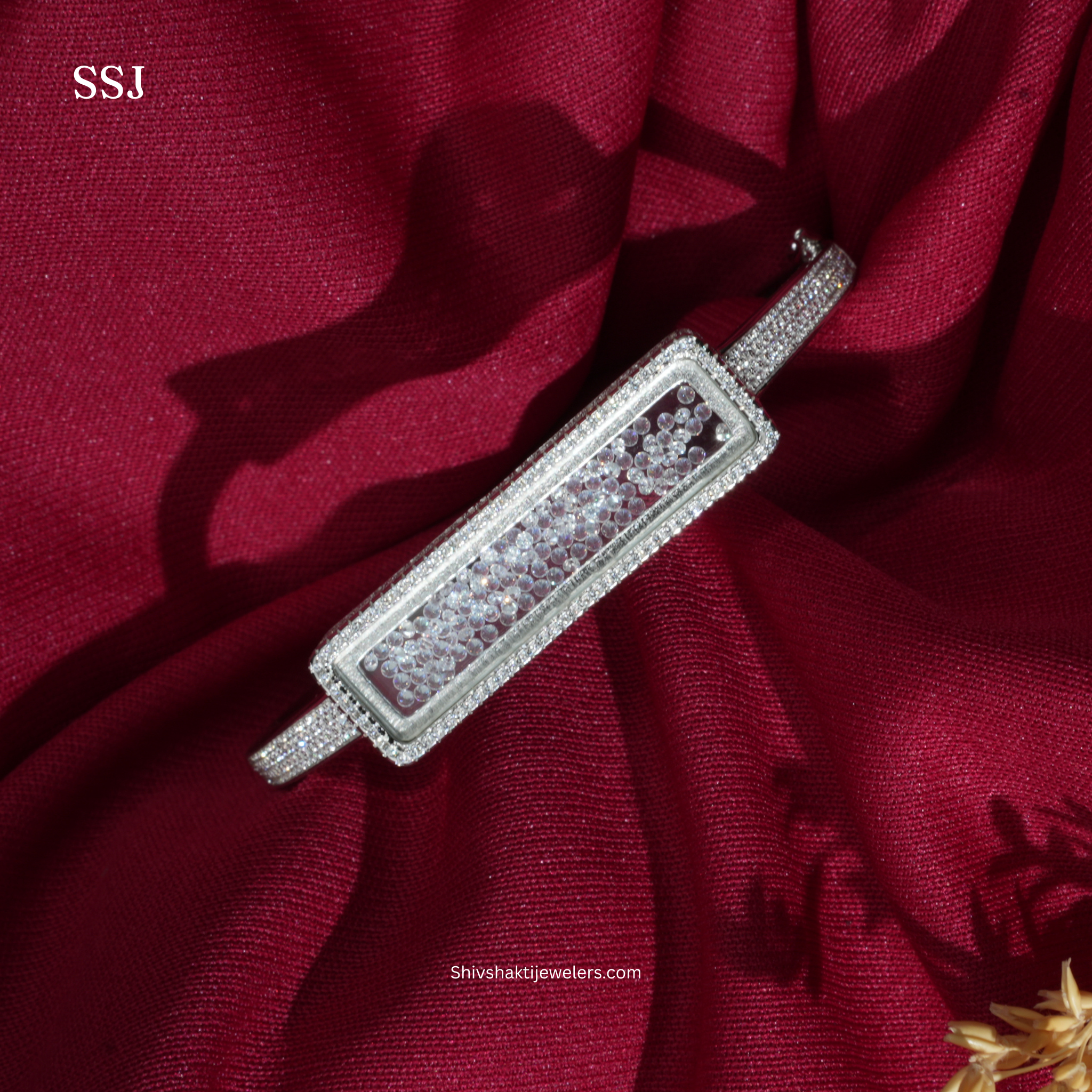 925 Silver Rectangle Kada with Transparent Crystal Stones – Premium Statement Jewellery by SSJ