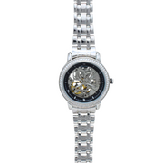 Full front view of Roxerina 925 Silver Skeleton Automatic Watch with link bracelet