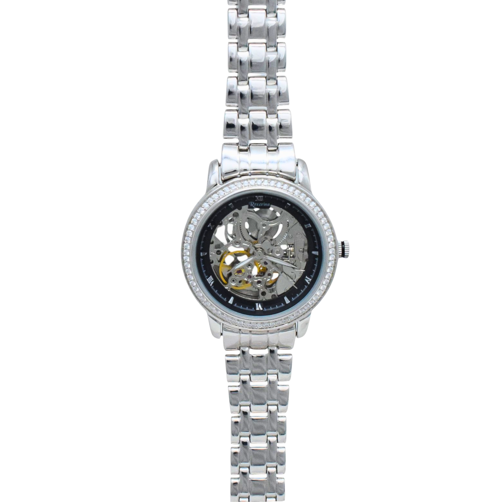 Full front view of Roxerina 925 Silver Skeleton Automatic Watch with link bracelet