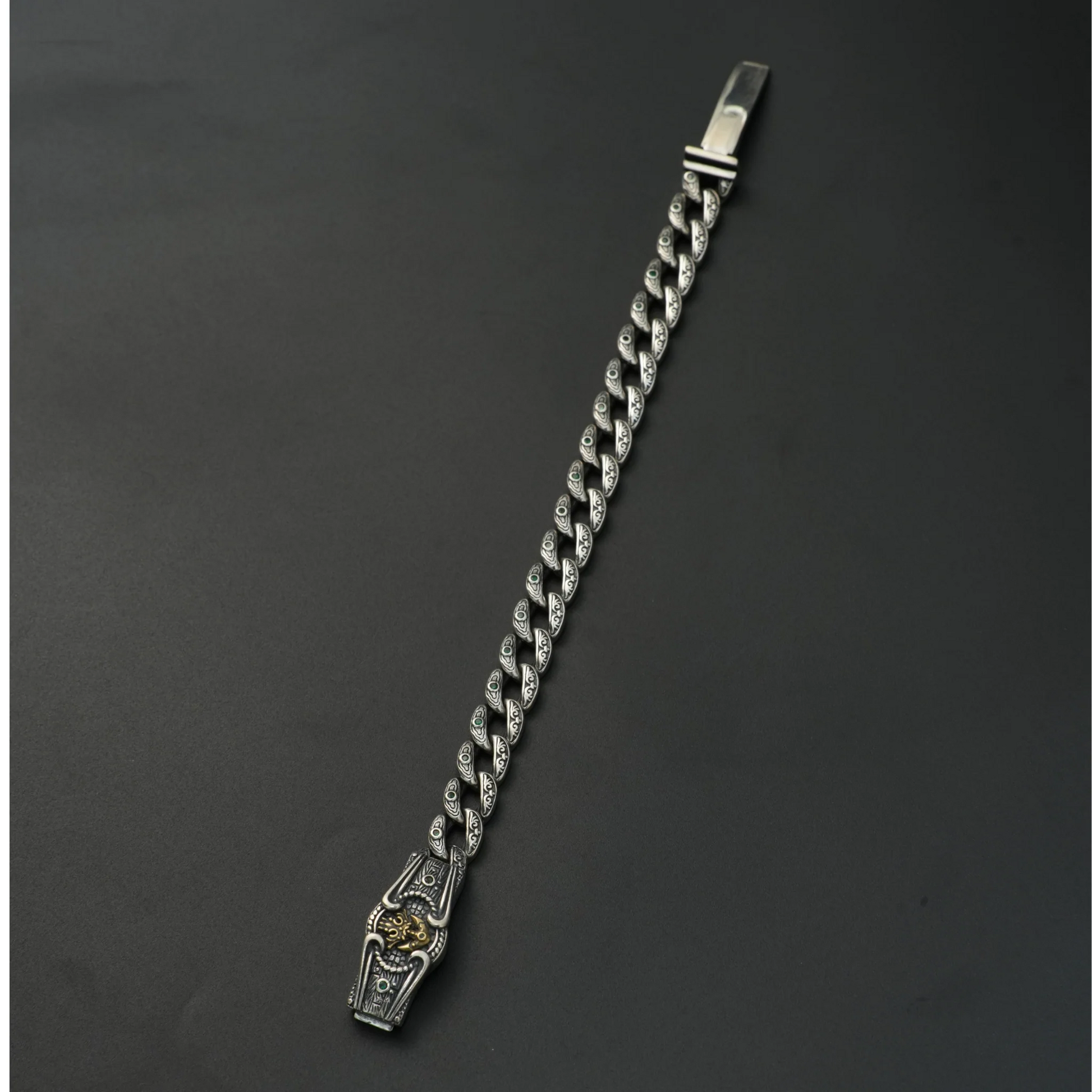 Full view of handcrafted 925 silver tribal bracelet with detailed clasp