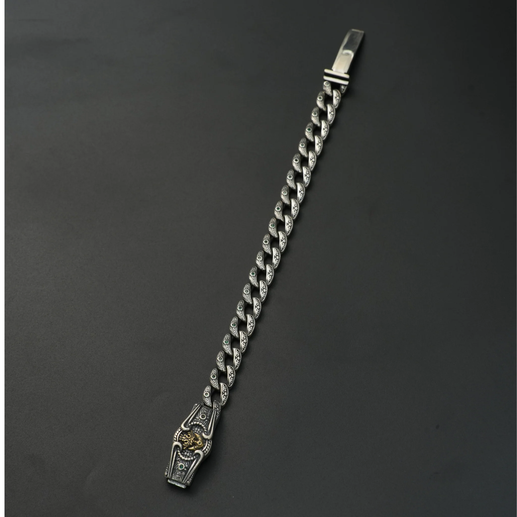 Full view of handcrafted 925 silver tribal bracelet with detailed clasp