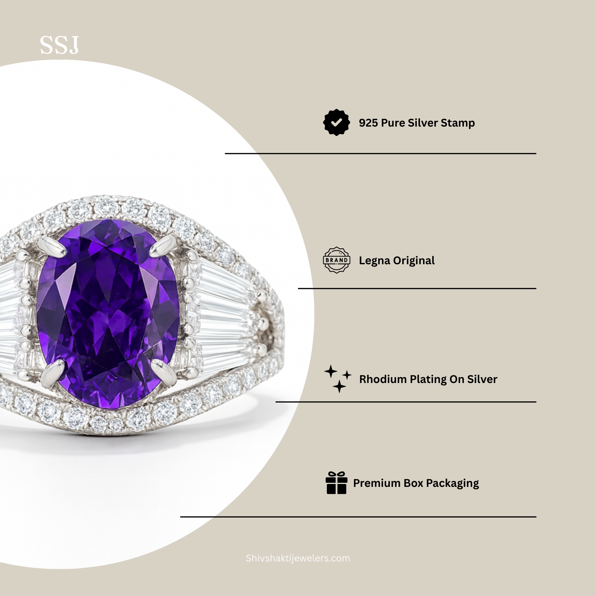 925 Silver Oval Purple Stone Cocktail Ring with CZ Accents