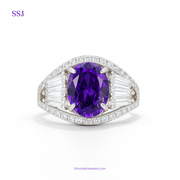925 Silver Oval Purple Stone Cocktail Ring with CZ Accents