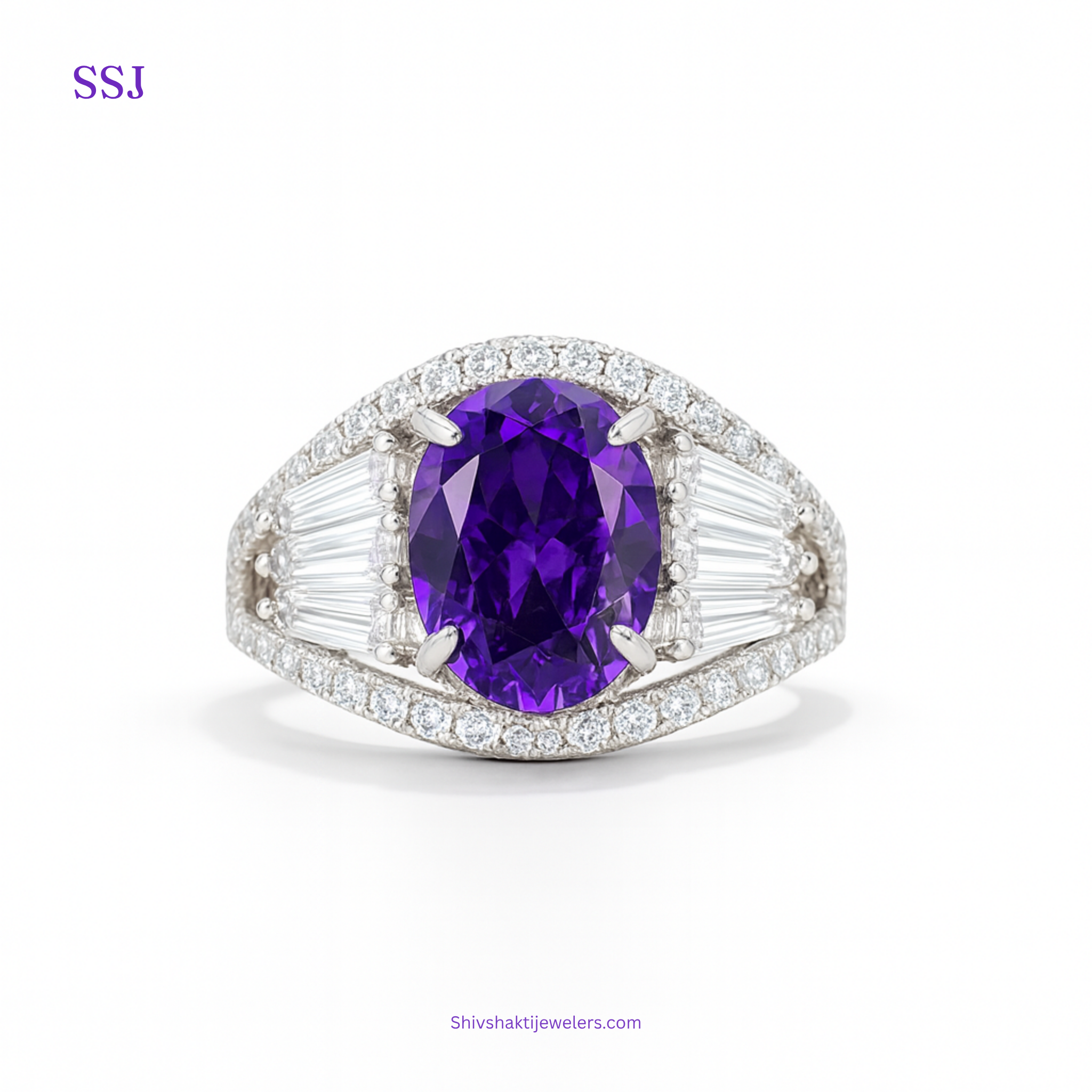 925 Silver Oval Purple Stone Cocktail Ring with CZ Accents