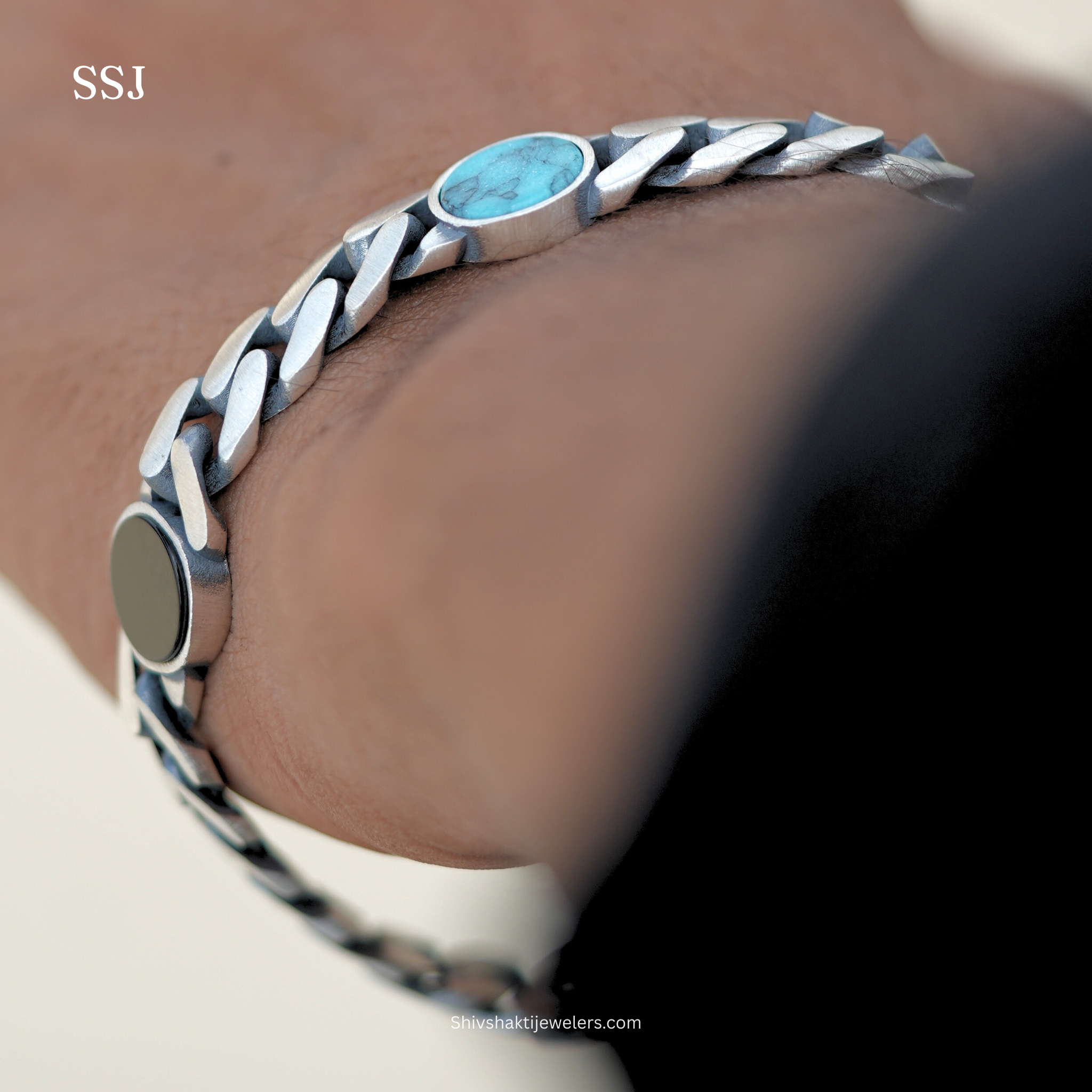 925 Silver Men’s Bracelet with Black Onyx & Turquoise Stones – Stylish Sterling Silver Jewellery