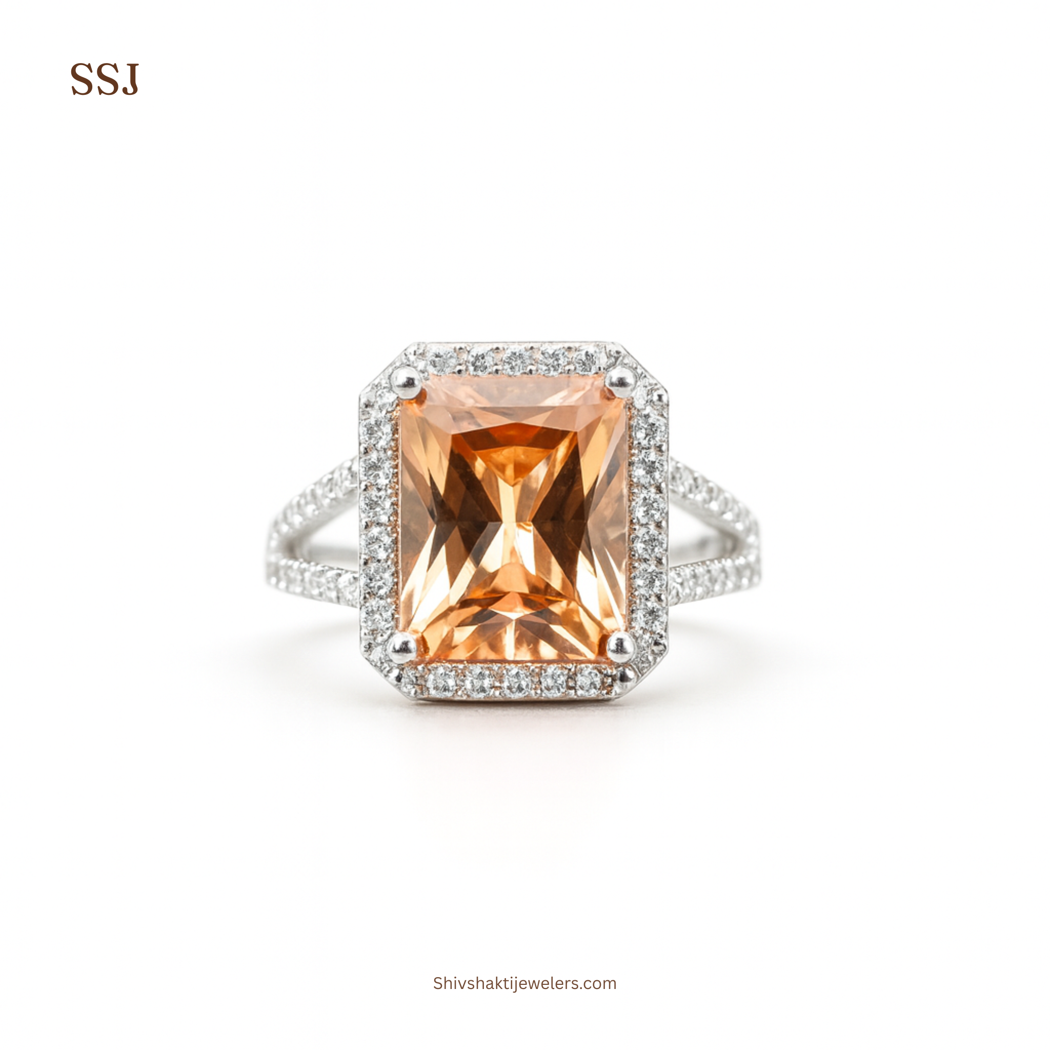 925 Silver Radiant-Cut Peach Zircon Halo Ring