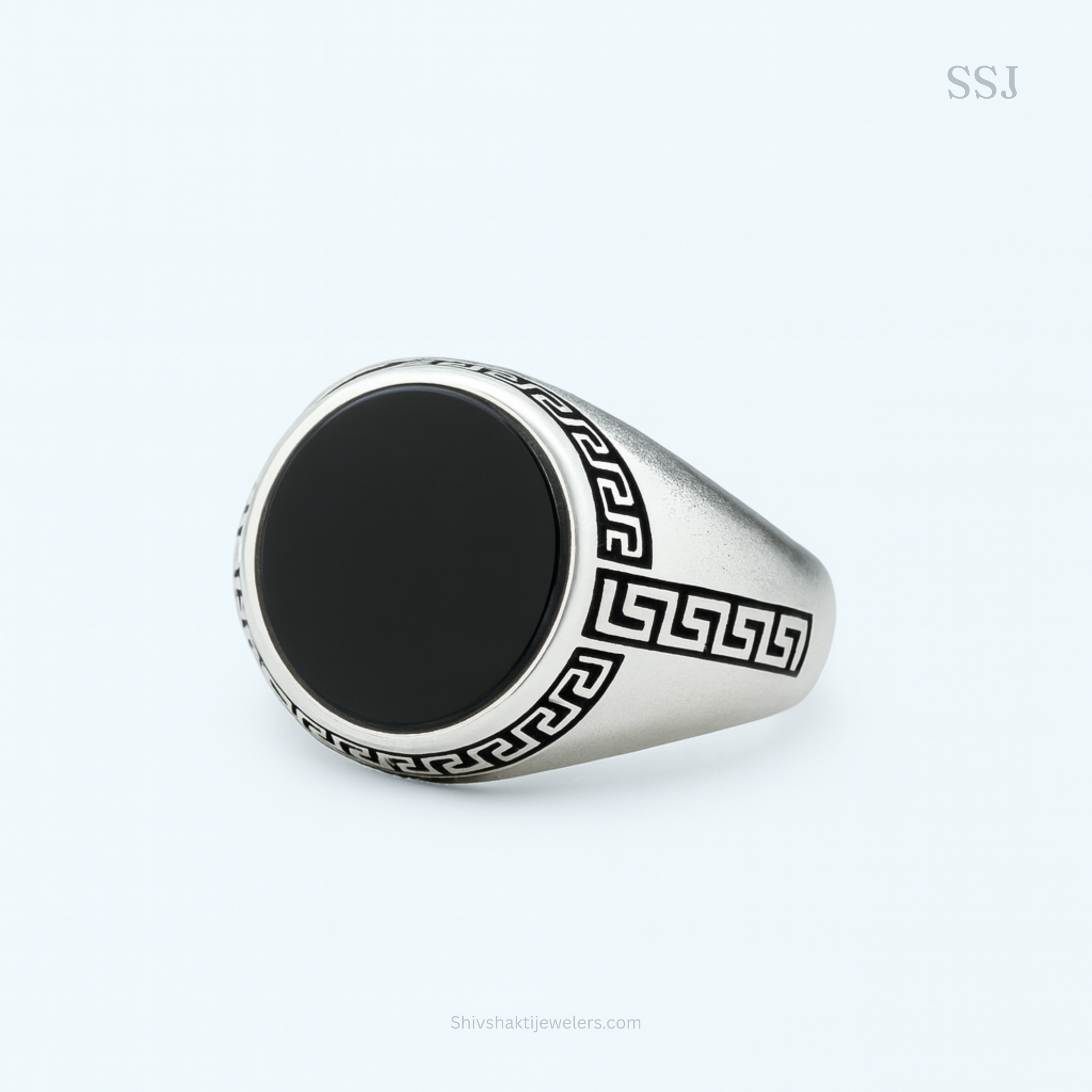 Black Enamel Greek Key Design Men’s Statement Ring