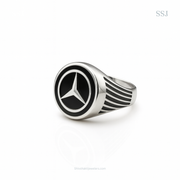 925 Sterling Silver Mercedes Logo Black Enamel Ring – Luxury Car Emblem Design for Men