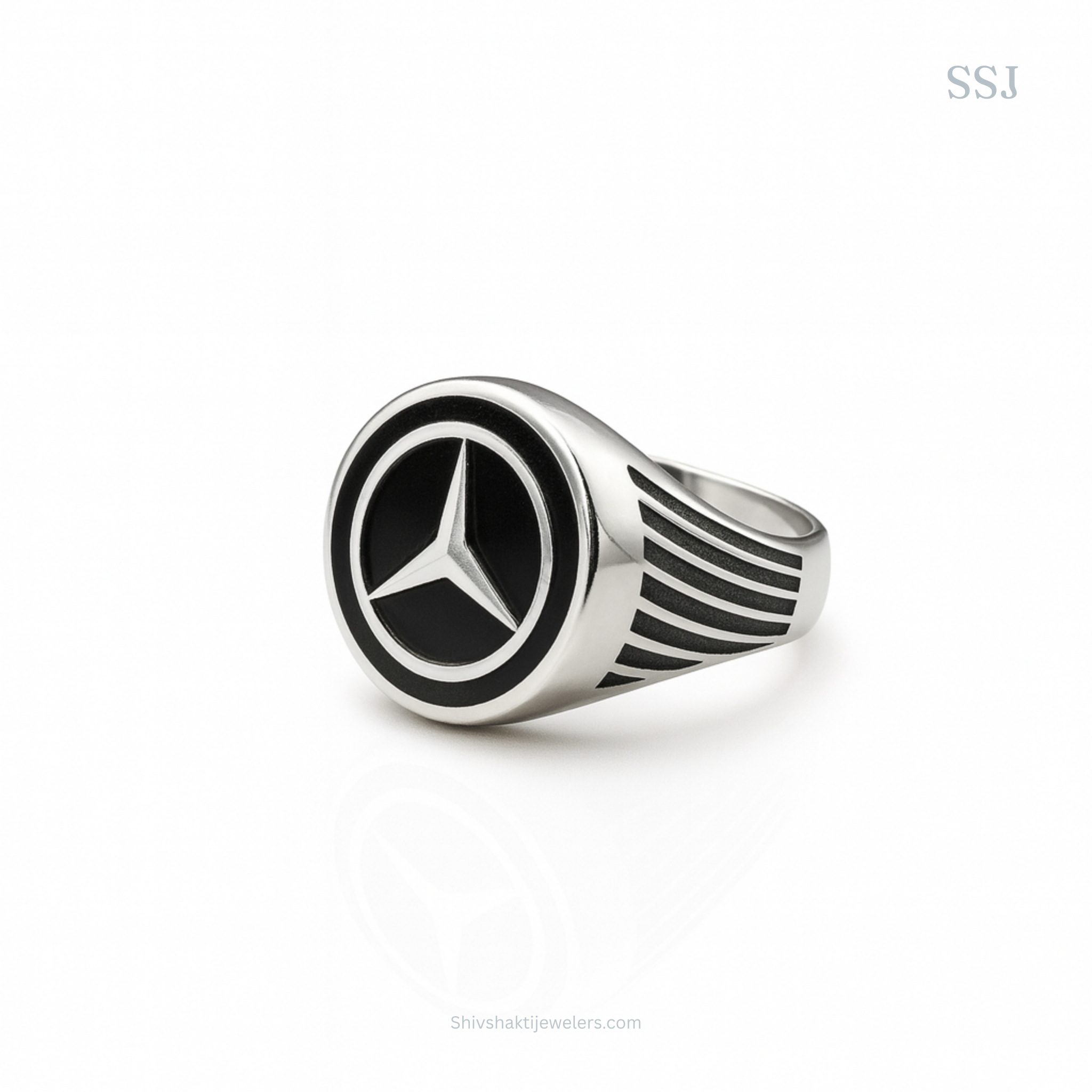 925 Sterling Silver Mercedes Logo Black Enamel Ring – Luxury Car Emblem Design for Men