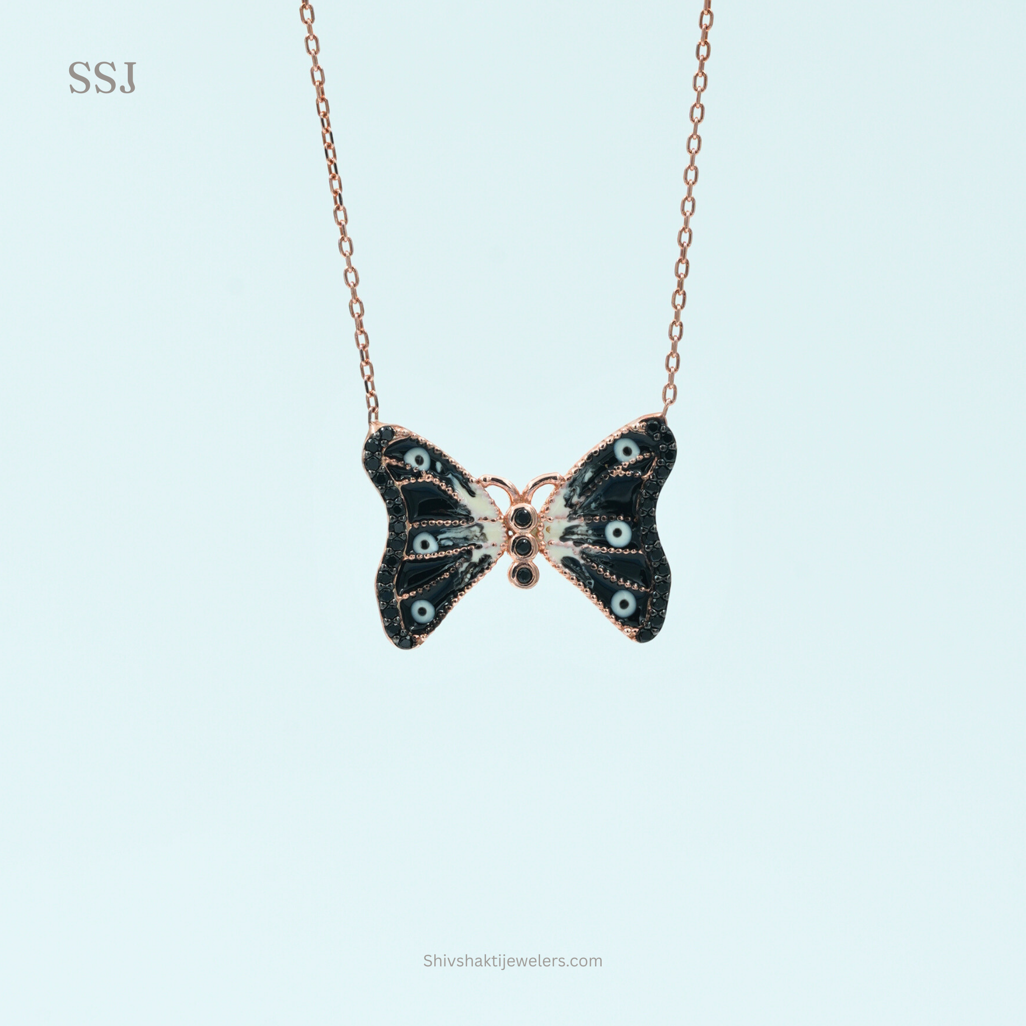 925 Silver Black Enamel Butterfly Pendant Necklace – Elegant Women’s Jewellery