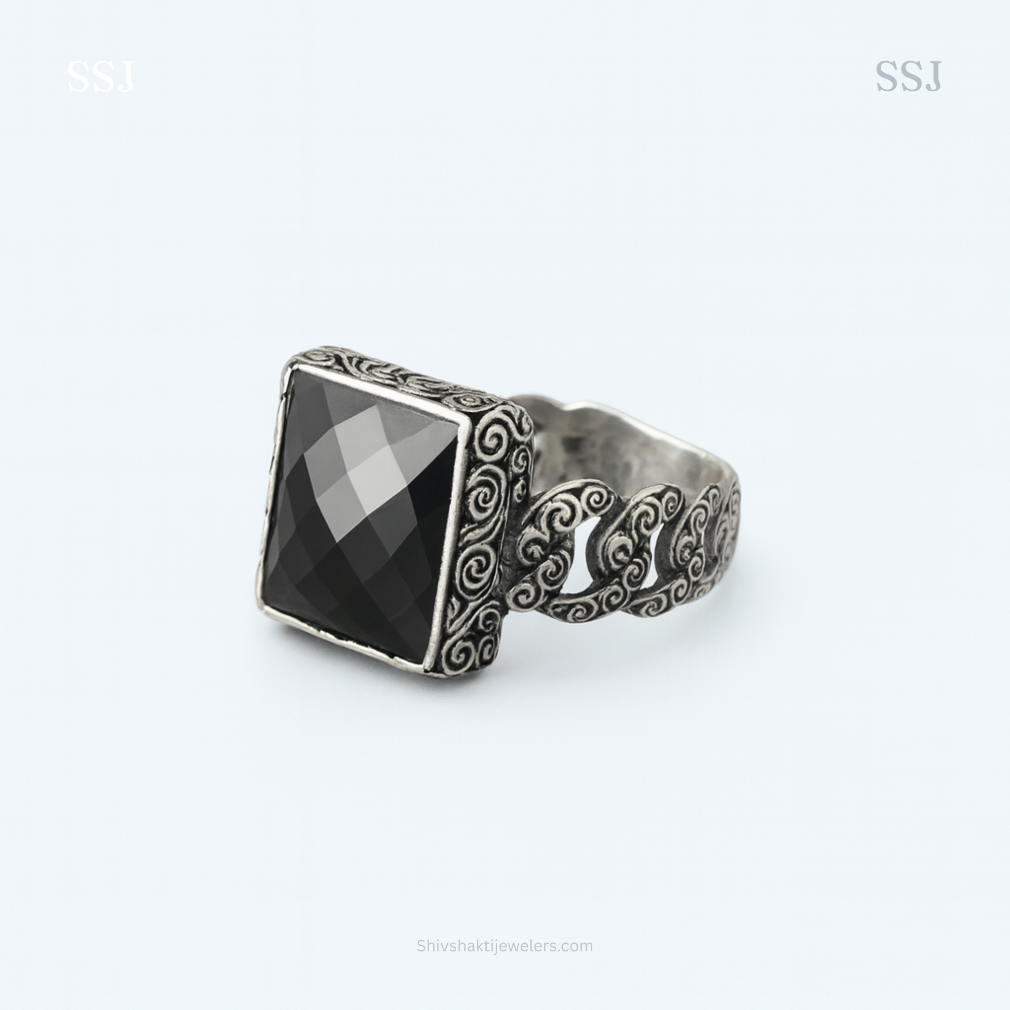 Oxidised Silver Rectangular Black Stone Ring – Antique Unisex Design