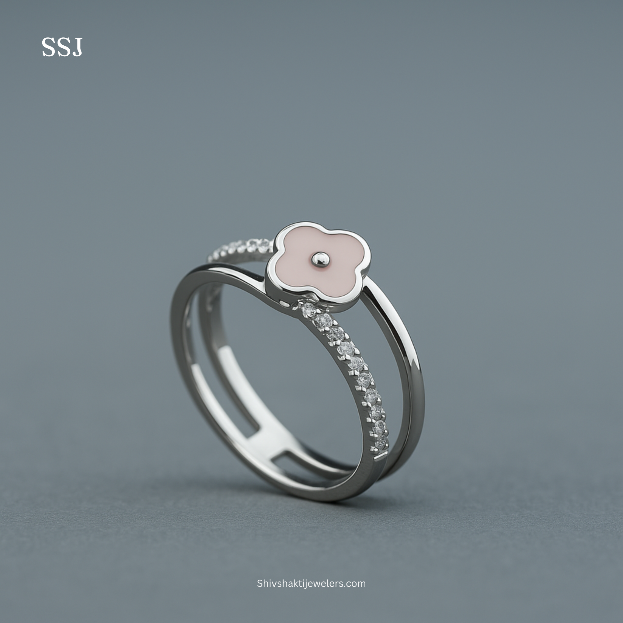 Pink Enamel Floral Ring in 925 Silver with CZ Accents