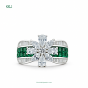 Emerald Flower Cluster Ring in 925 Silver with Diamond Accents