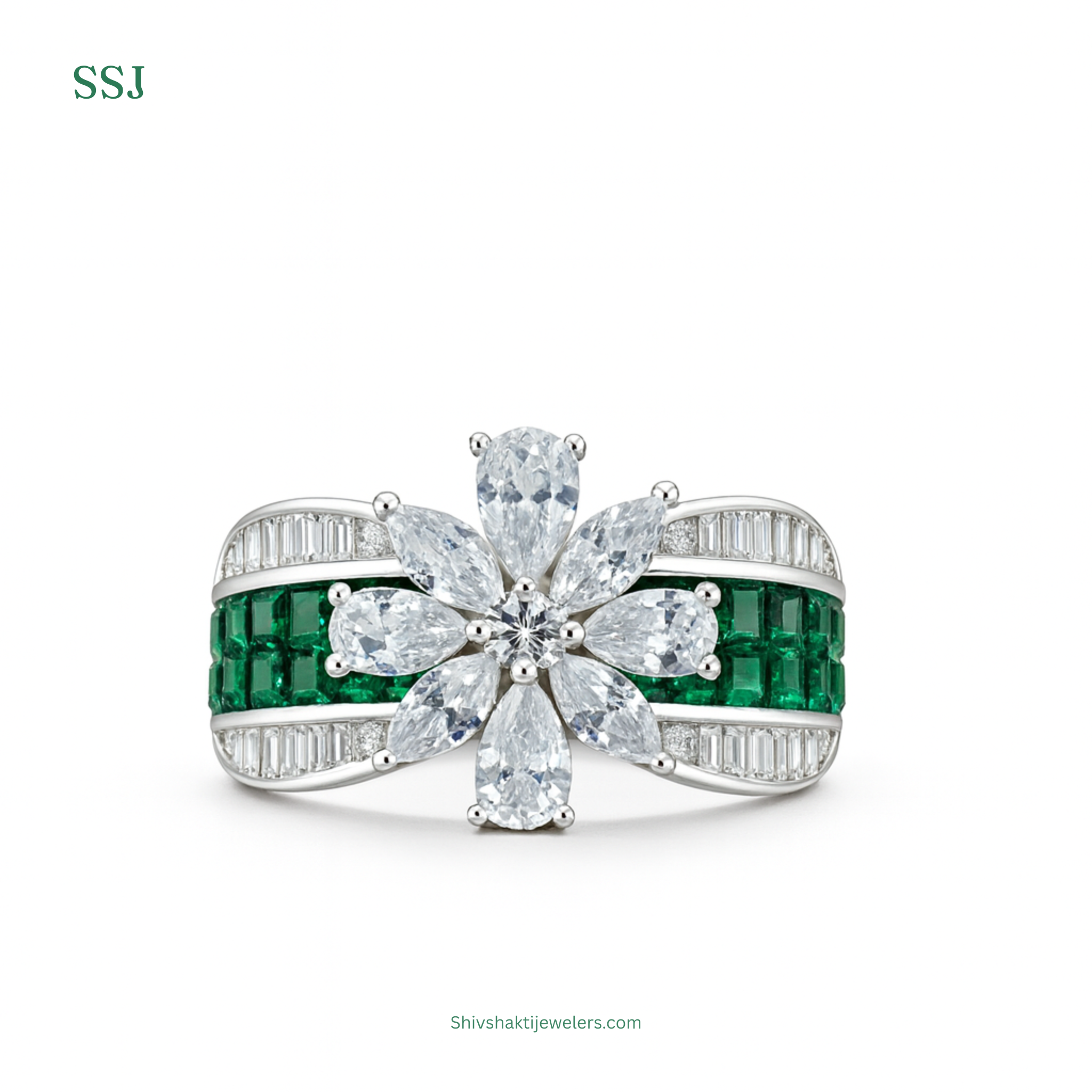 Emerald Flower Cluster Ring in 925 Silver with Diamond Accents