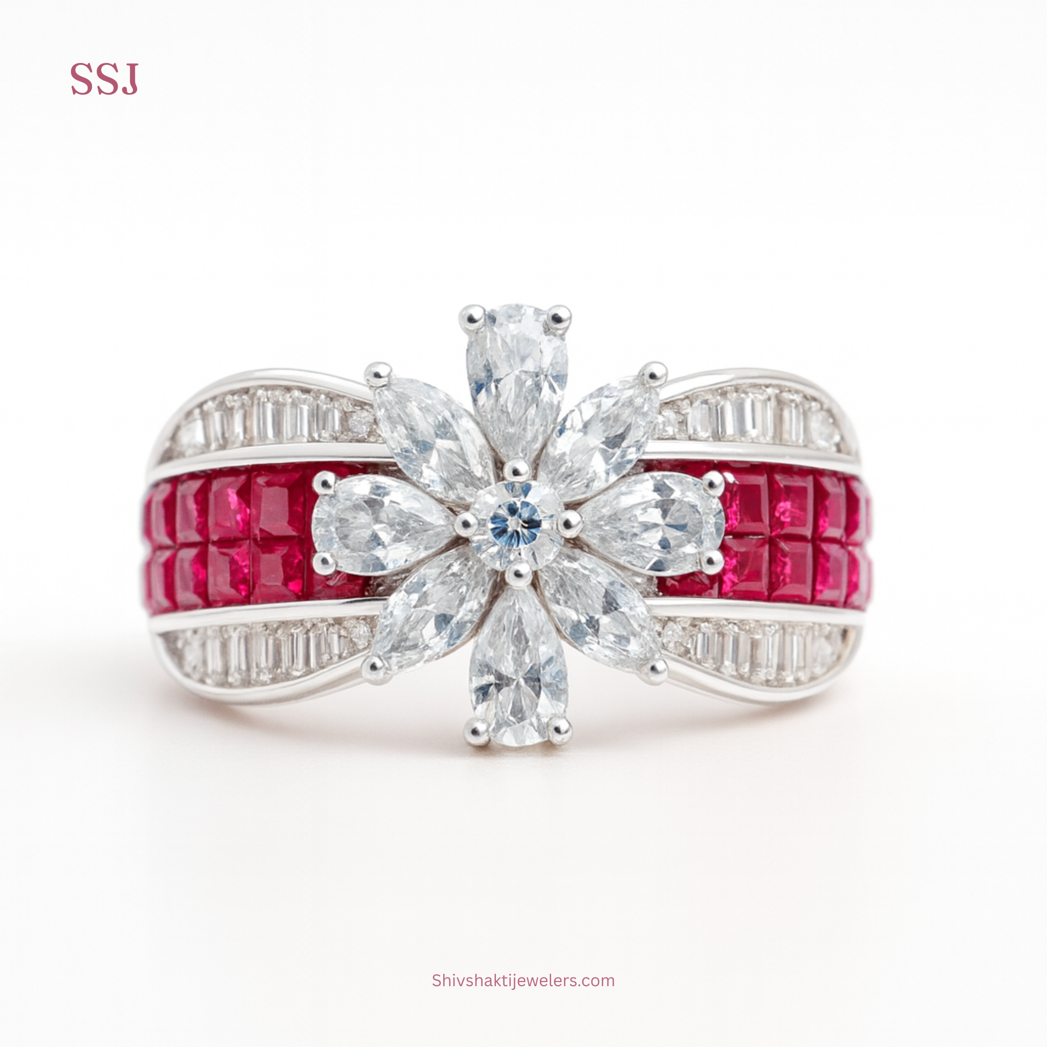 925 Silver Floral Ruby & Zircon Designer Ring