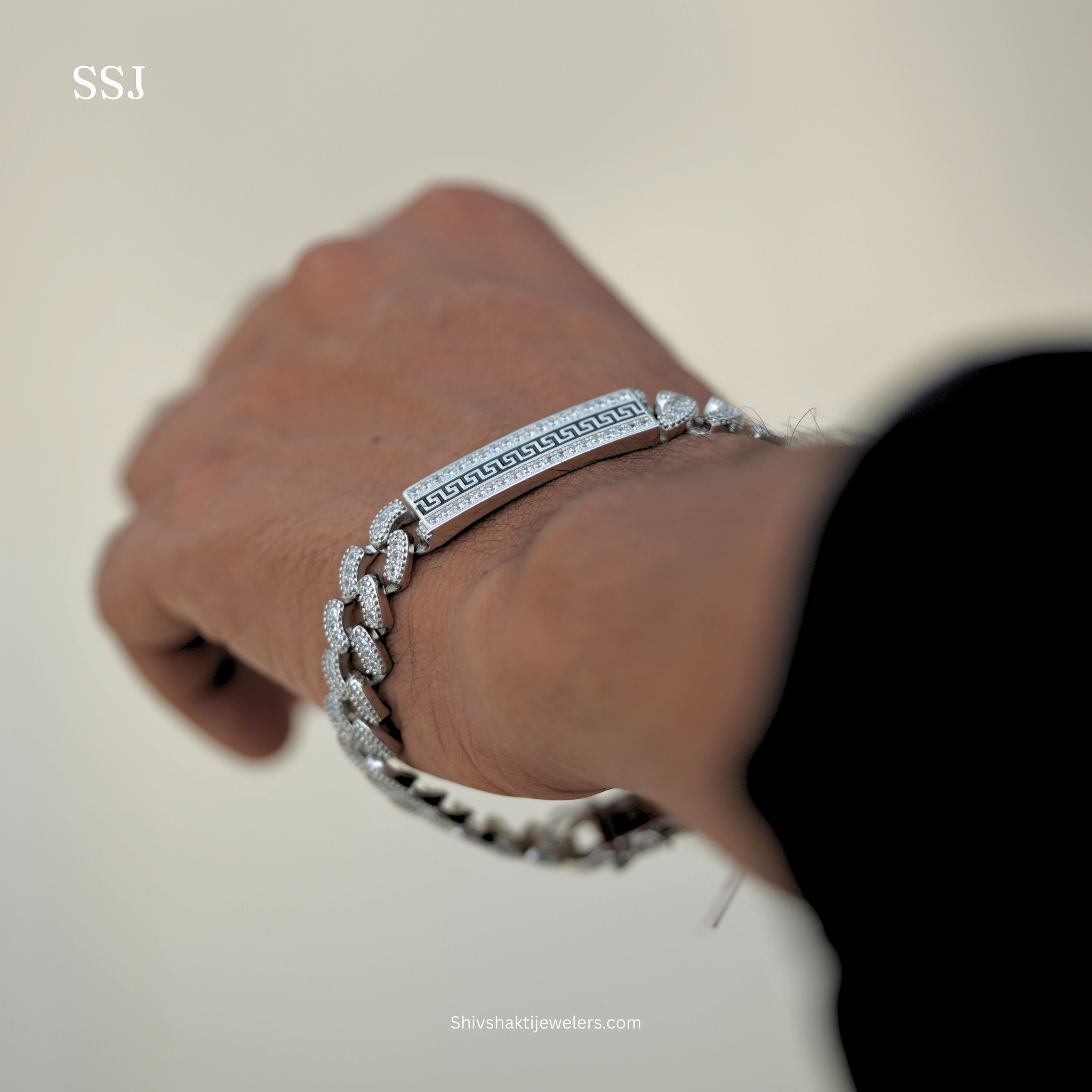 925 Silver Iced Cuban Link Bracelet with Greek Key Plate – Stylish Men’s Jewellery