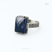 925 Silver Antique Blue Sapphire Square Ring – Men’s Statement Silver Ring