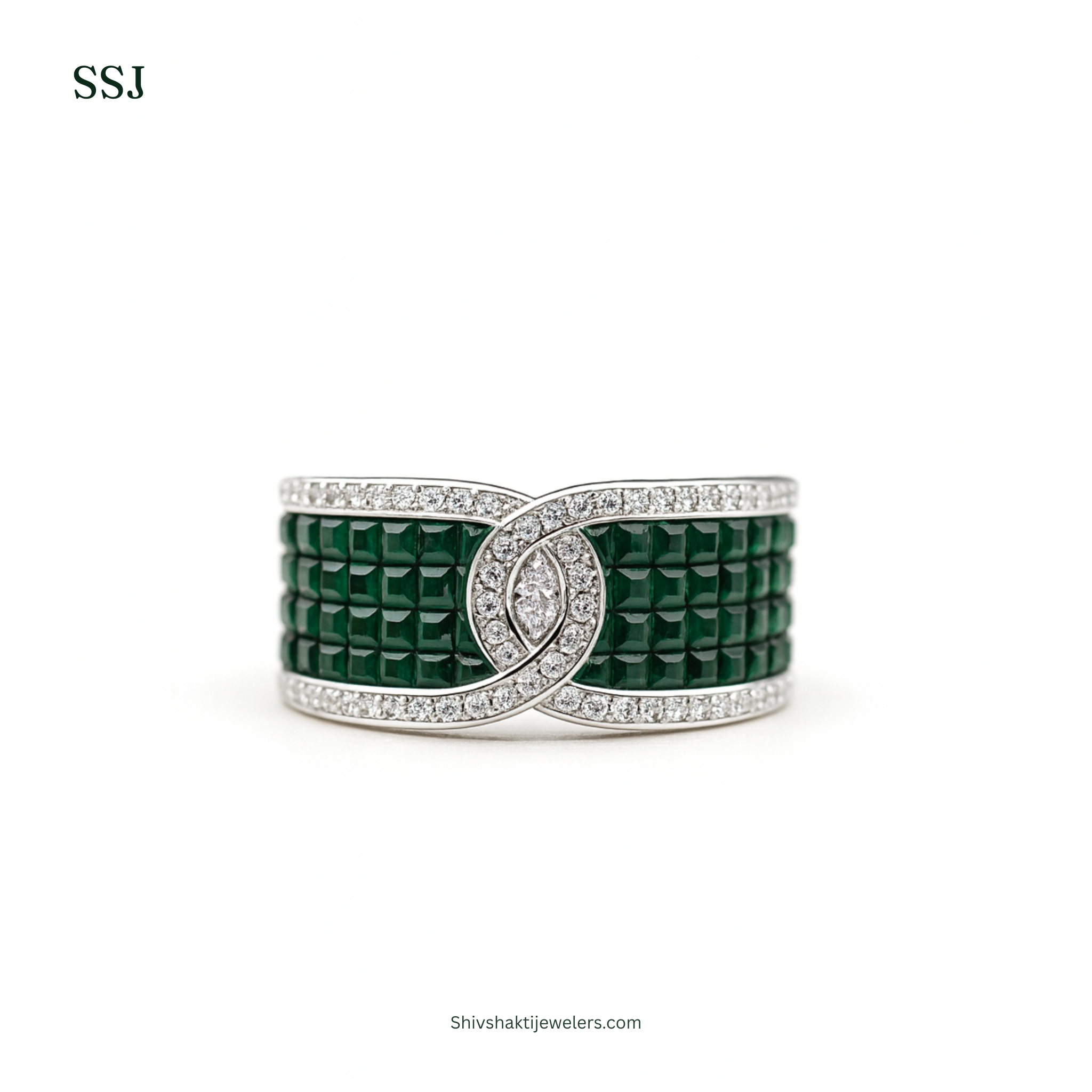 Emerald Green Princess-Cut 925 Silver Designer Band Ring