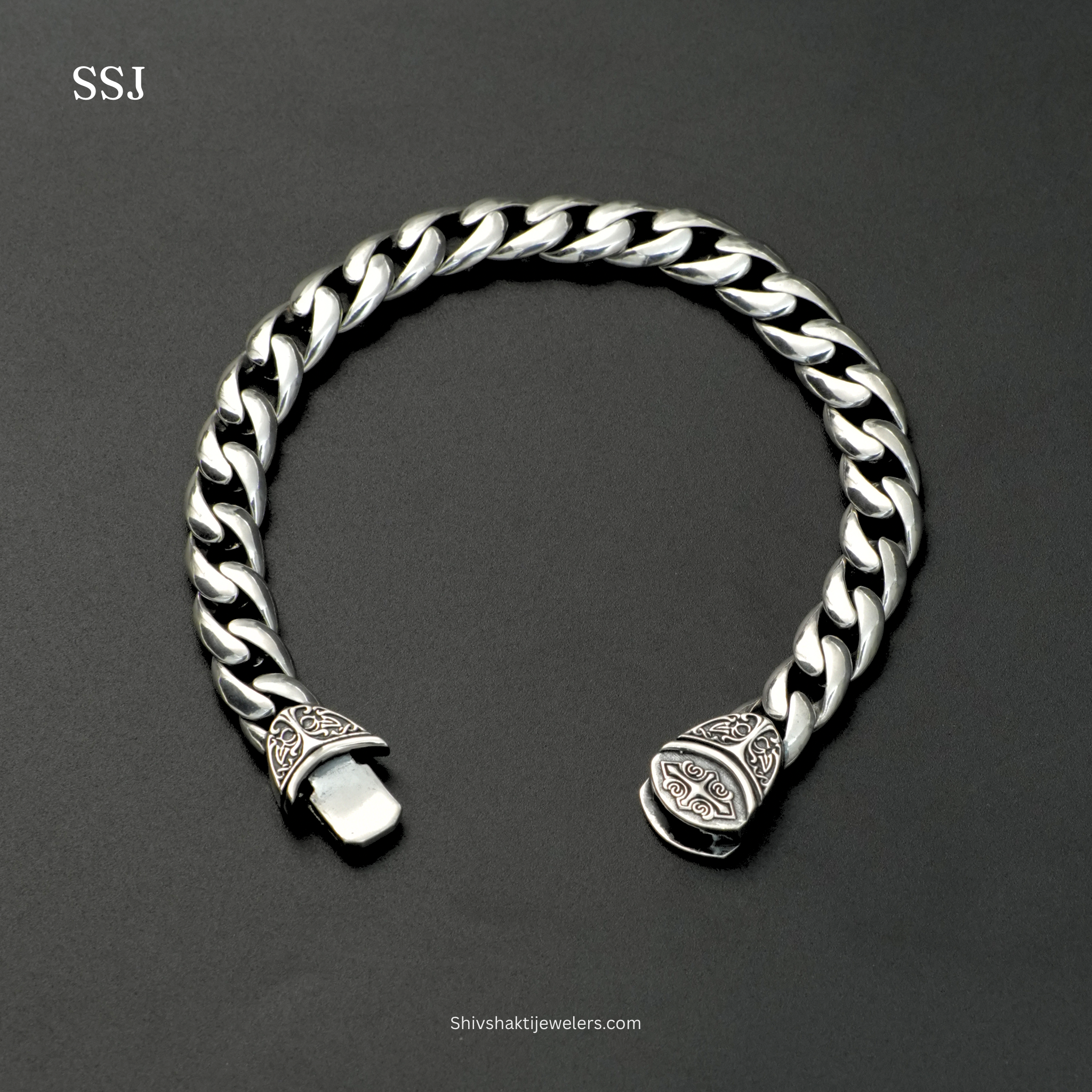 925 Silver Heavy Curb Link Men’s Bracelet with Designer End Caps