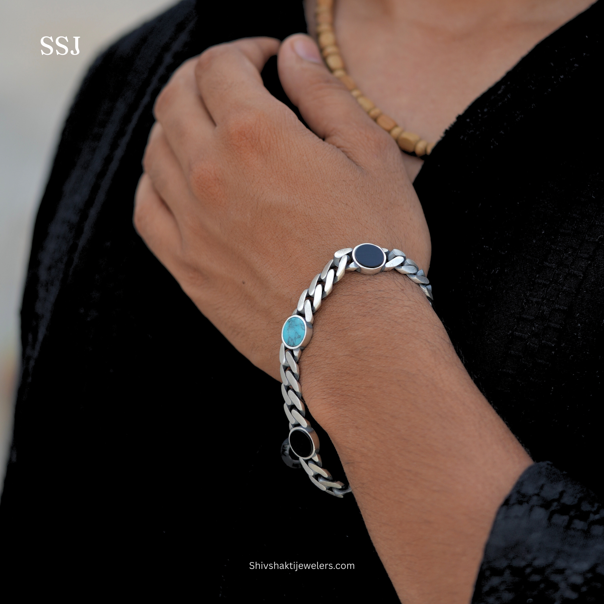 925 Silver Men’s Bracelet with Black Onyx & Turquoise Stones – Stylish Sterling Silver Jewellery