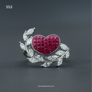 Heart-Shaped Ruby Red & Marquise Stone Silver Ring