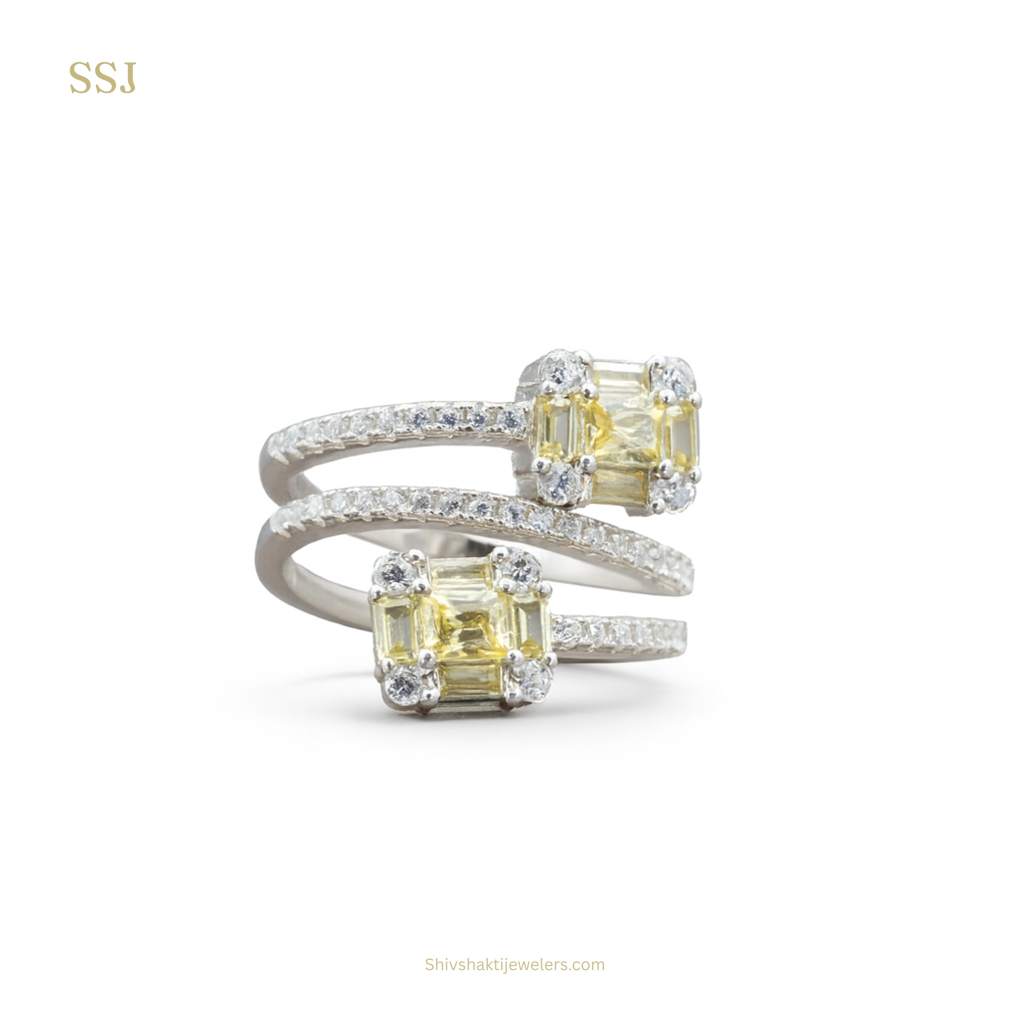 Yellow Twin Emerald Stone Spiral Ring in 925 Silver