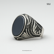 925 Silver Black Onyx Engraved Statement Ring – Bold Men’s Vintage Jewelry