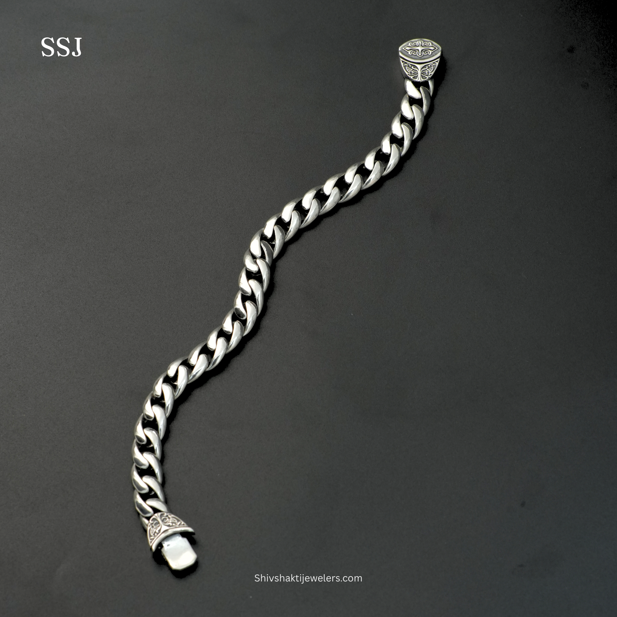 925 Silver Heavy Curb Link Men’s Bracelet with Designer End Caps