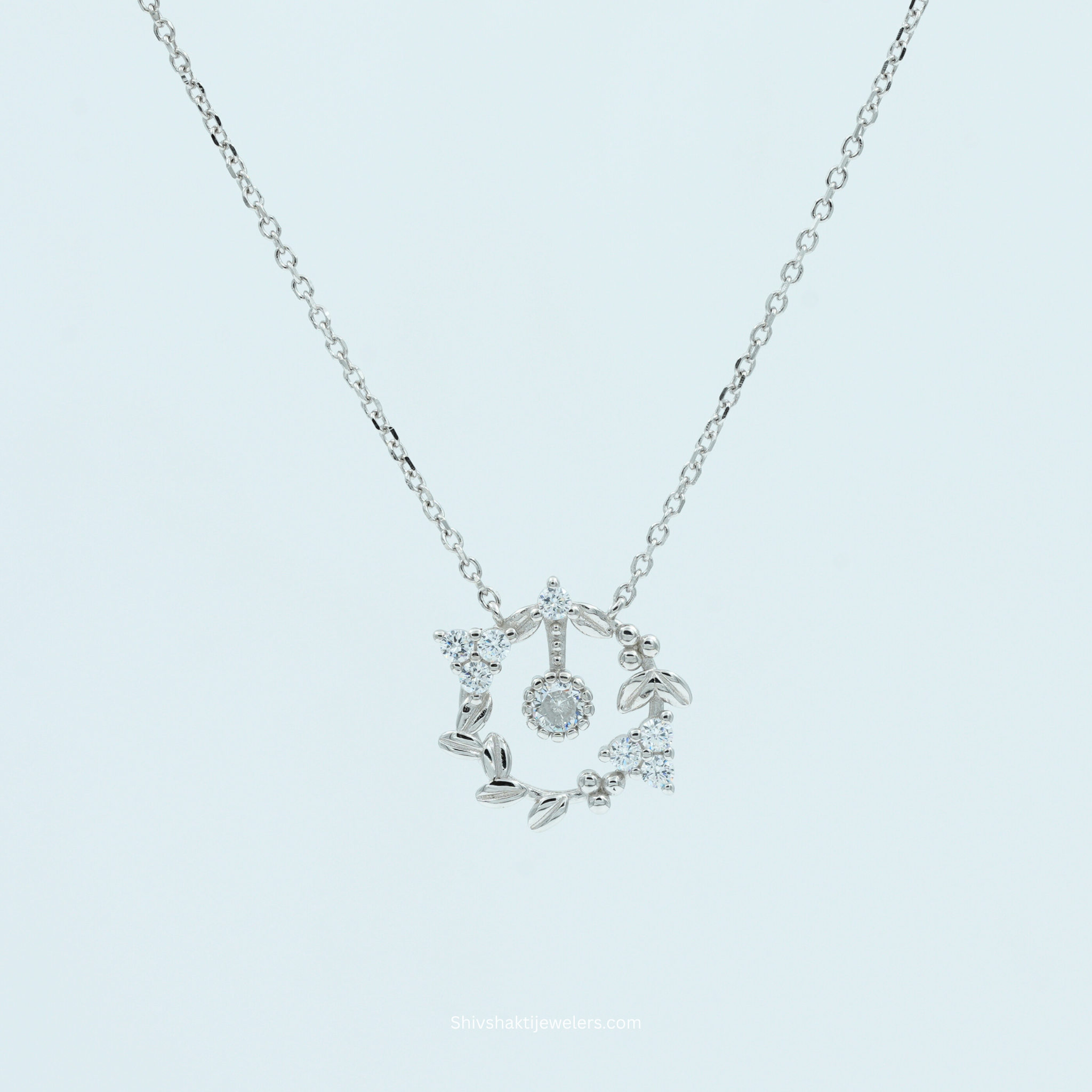 925 Silver Floral Wreath Pendant with CZ Stones – Elegant Necklace for Women