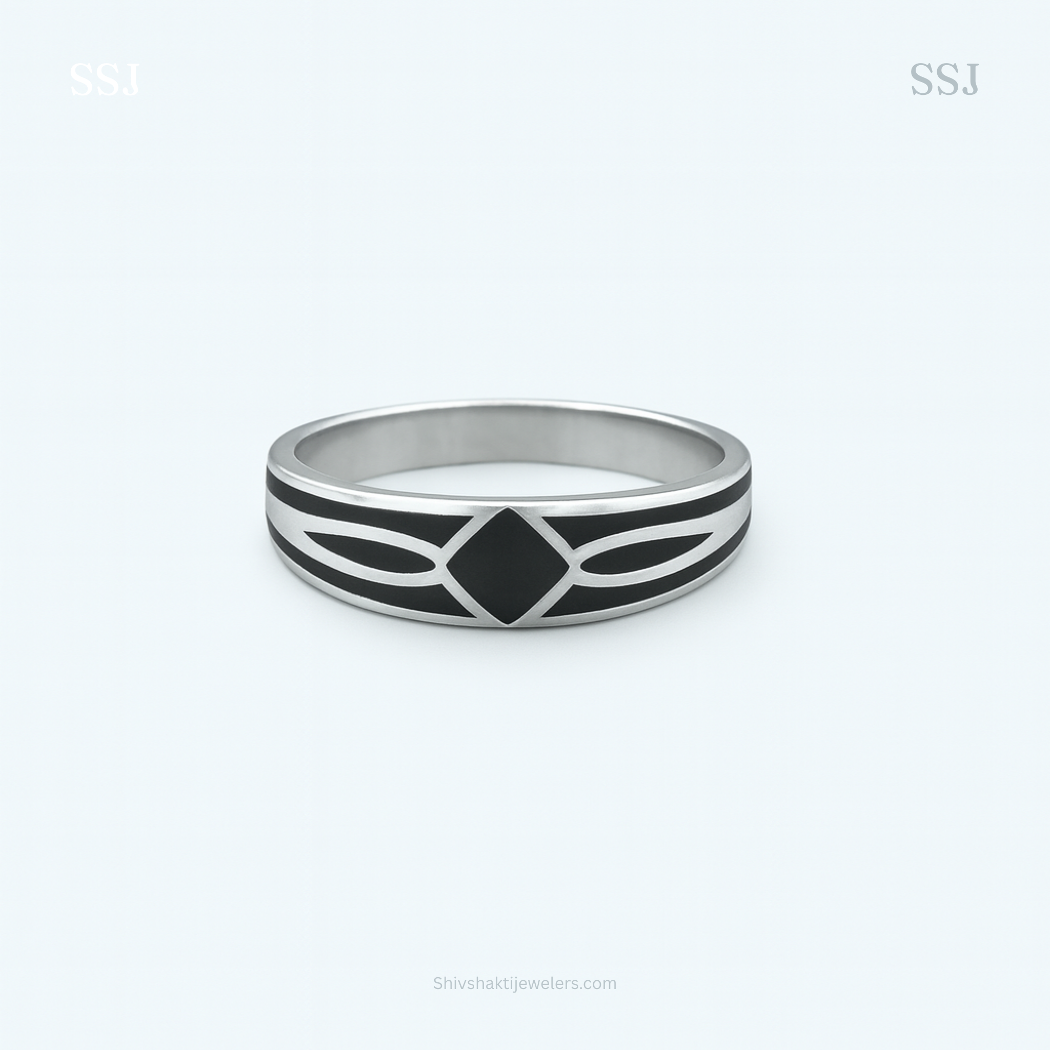 Silver Black Enamel Geometric Men’s Ring