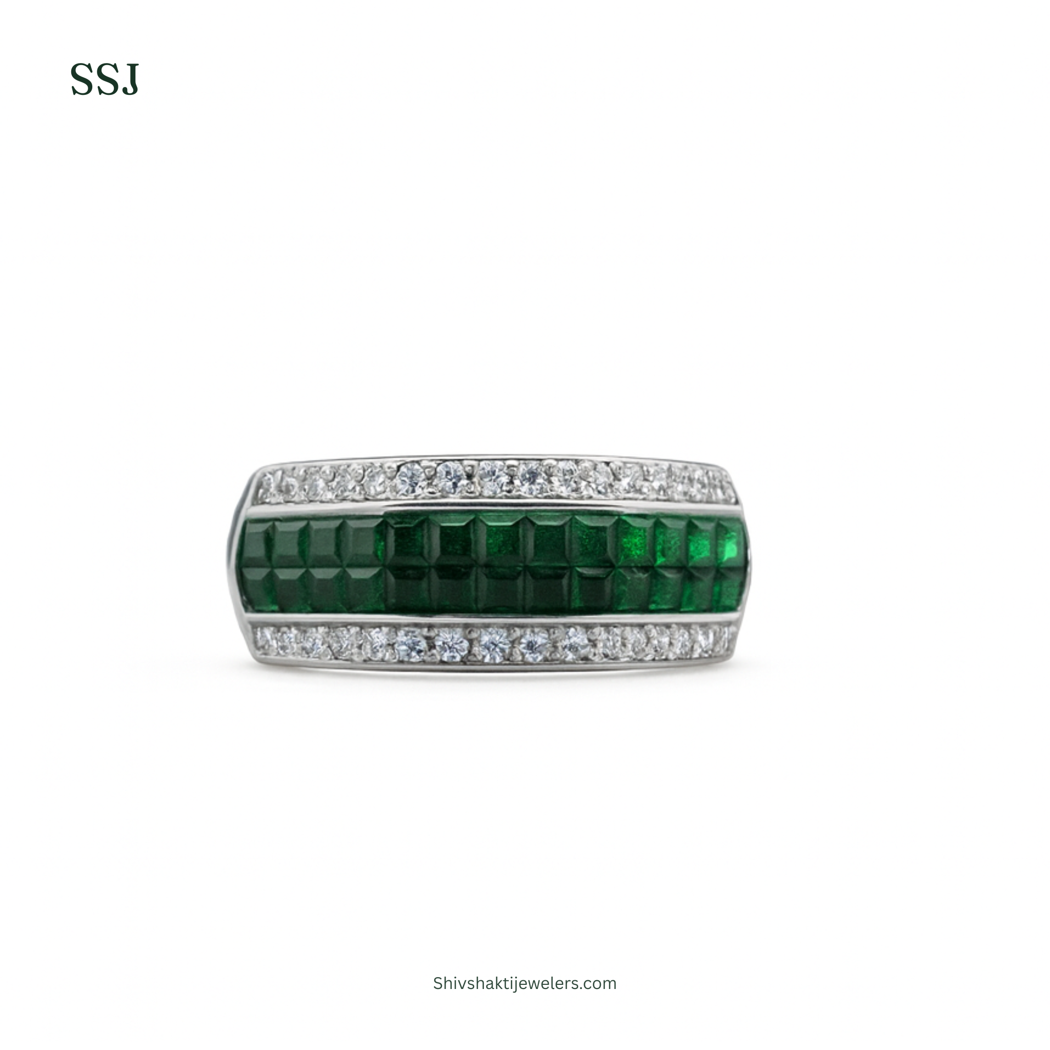 925 Silver Emerald Baguette & Zircon Band Ring